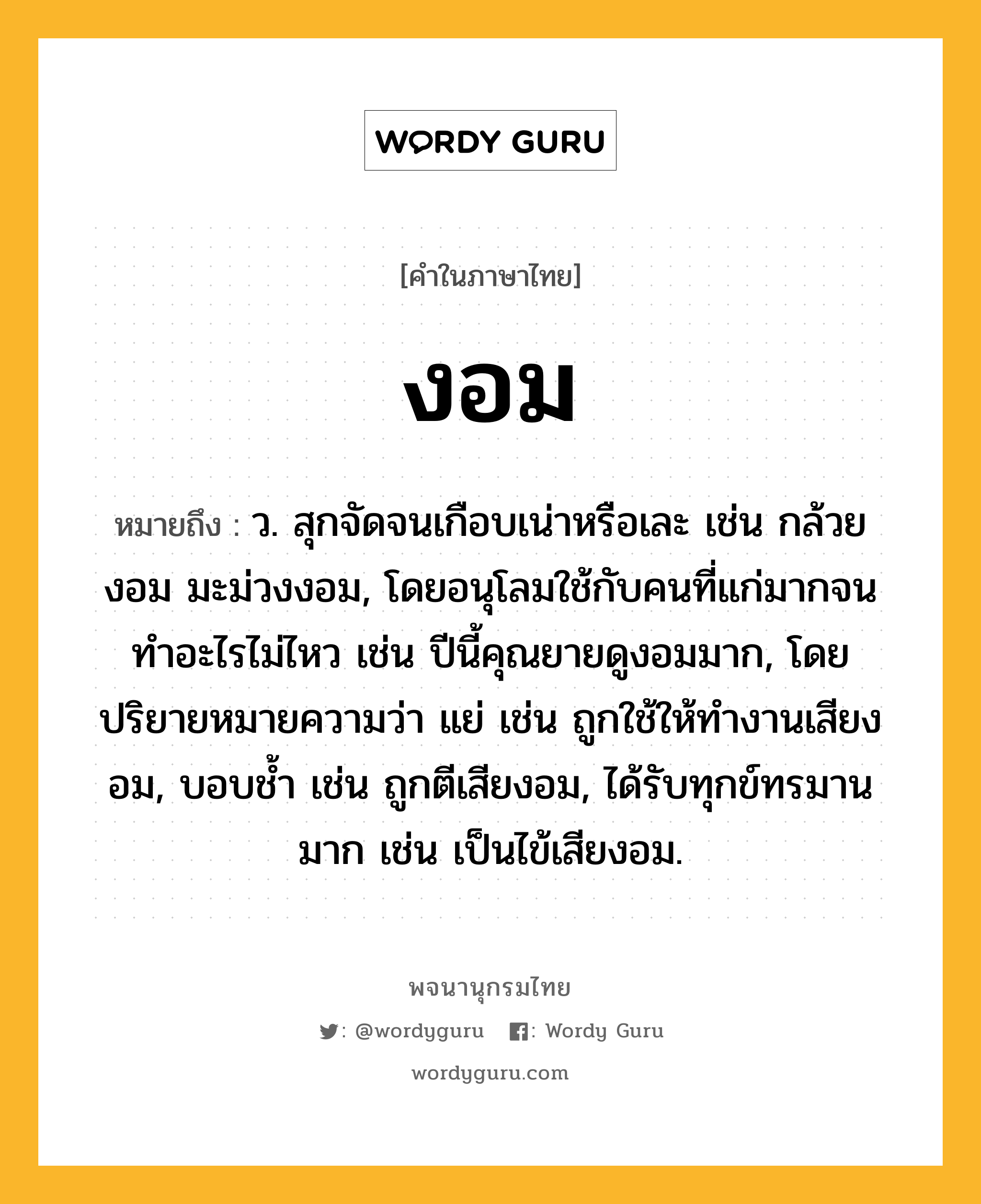 งอม หมายถึงอะไร?, คำในภาษาไทย งอม หมายถึง ว. สุกจัดจนเกือบเน่าหรือเละ เช่น กล้วยงอม มะม่วงงอม, โดยอนุโลมใช้กับคนที่แก่มากจนทำอะไรไม่ไหว เช่น ปีนี้คุณยายดูงอมมาก, โดยปริยายหมายความว่า แย่ เช่น ถูกใช้ให้ทํางานเสียงอม, บอบชํ้า เช่น ถูกตีเสียงอม, ได้รับทุกข์ทรมานมาก เช่น เป็นไข้เสียงอม.