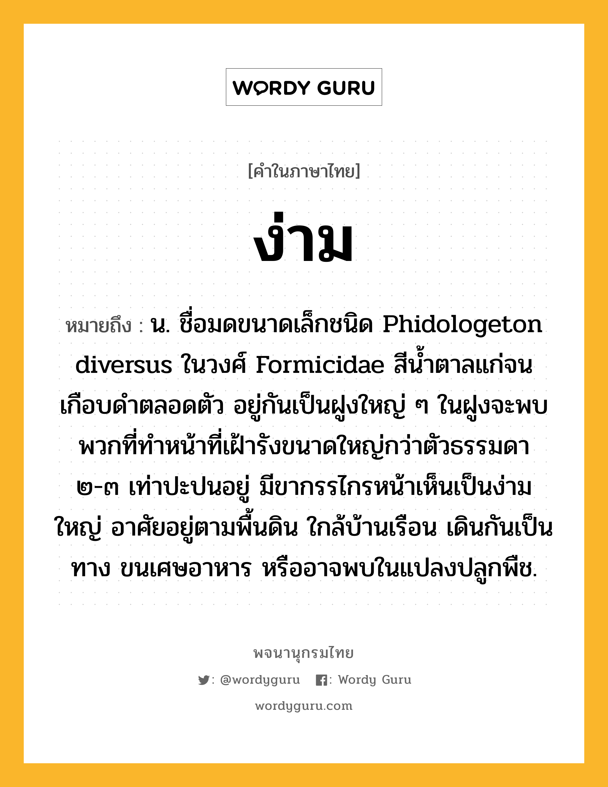 ง่าม หมายถึงอะไร?, คำในภาษาไทย ง่าม หมายถึง น. ชื่อมดขนาดเล็กชนิด Phidologeton diversus ในวงศ์ Formicidae สีนํ้าตาลแก่จนเกือบดําตลอดตัว อยู่กันเป็นฝูงใหญ่ ๆ ในฝูงจะพบพวกที่ทําหน้าที่เฝ้ารังขนาดใหญ่กว่าตัวธรรมดา ๒-๓ เท่าปะปนอยู่ มีขากรรไกรหน้าเห็นเป็นง่ามใหญ่ อาศัยอยู่ตามพื้นดิน ใกล้บ้านเรือน เดินกันเป็นทาง ขนเศษอาหาร หรืออาจพบในแปลงปลูกพืช.