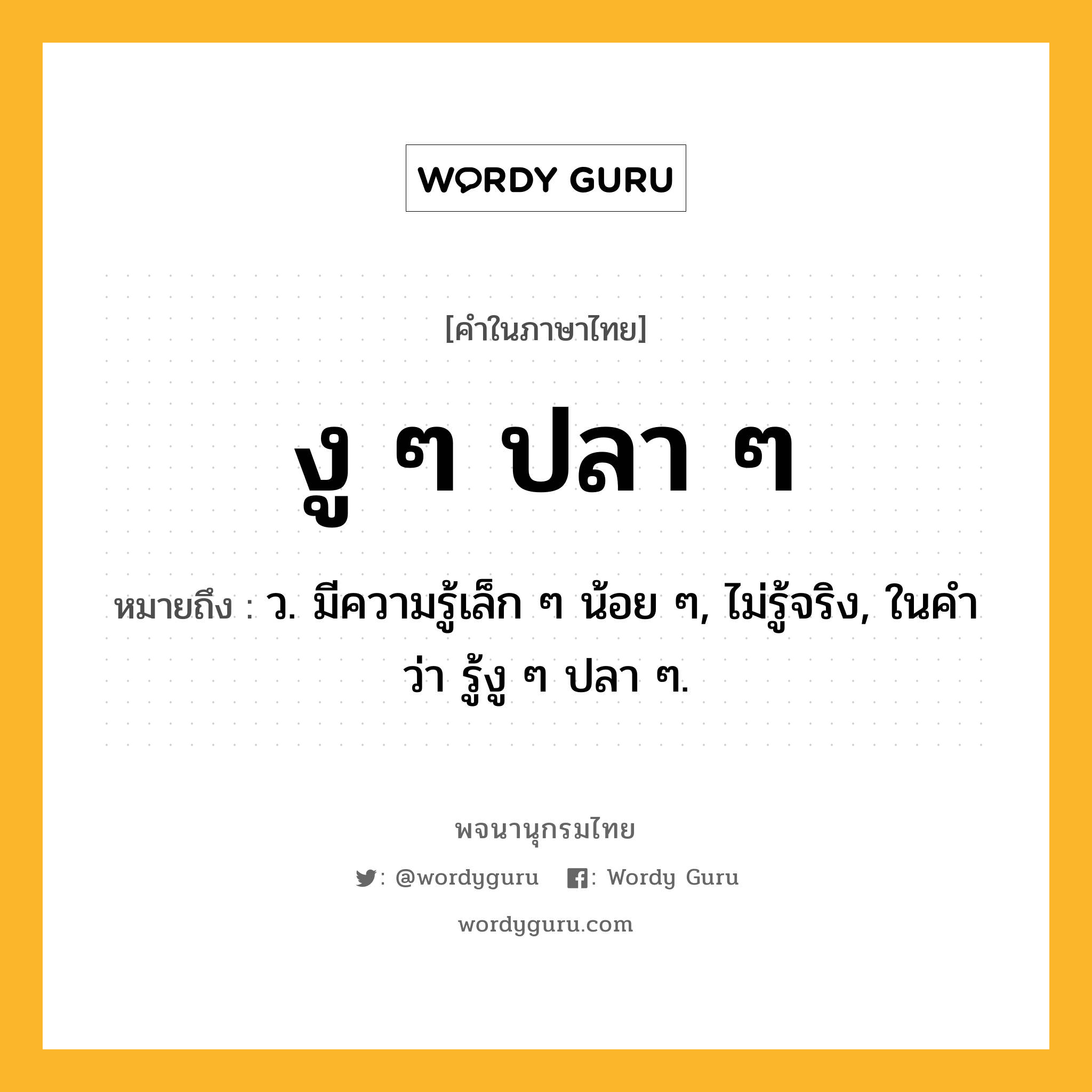 งู ๆ ปลา ๆ ความหมาย หมายถึงอะไร?, คำในภาษาไทย งู ๆ ปลา ๆ หมายถึง ว. มีความรู้เล็ก ๆ น้อย ๆ, ไม่รู้จริง, ในคําว่า รู้งู ๆ ปลา ๆ.