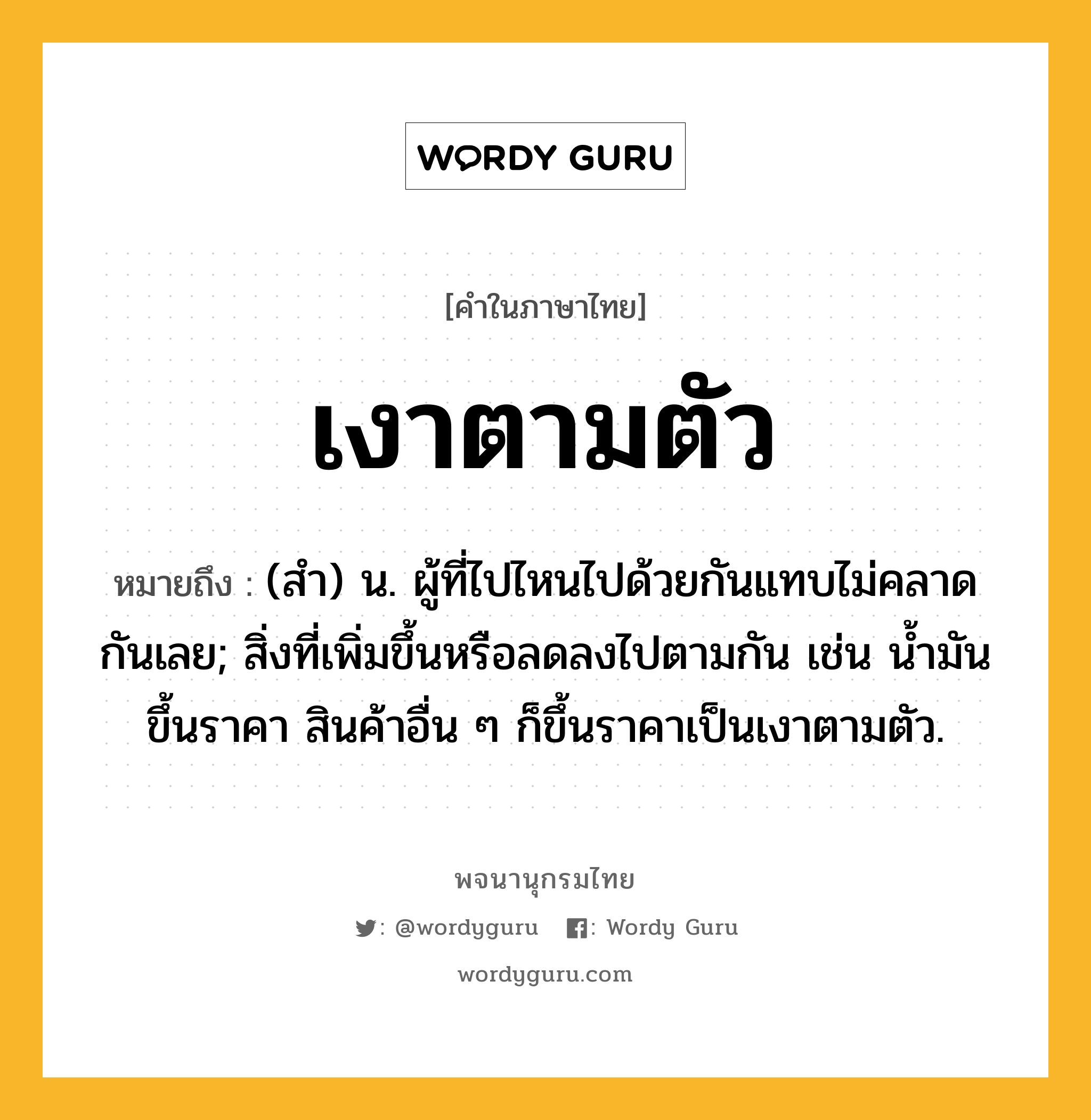 เงาตามตัว หมายถึงอะไร?, คำในภาษาไทย เงาตามตัว หมายถึง (สํา) น. ผู้ที่ไปไหนไปด้วยกันแทบไม่คลาดกันเลย; สิ่งที่เพิ่มขึ้นหรือลดลงไปตามกัน เช่น นํ้ามันขึ้นราคา สินค้าอื่น ๆ ก็ขึ้นราคาเป็นเงาตามตัว.