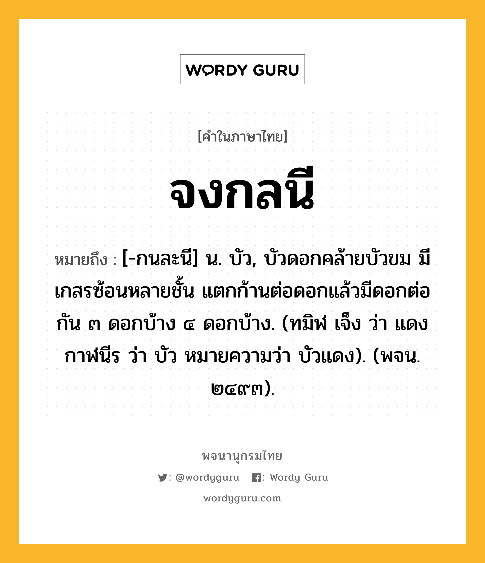 จงกลนี หมายถึงอะไร?, คำในภาษาไทย จงกลนี หมายถึง [-กนละนี] น. บัว, บัวดอกคล้ายบัวขม มีเกสรซ้อนหลายชั้น แตกก้านต่อดอกแล้วมีดอกต่อกัน ๓ ดอกบ้าง ๔ ดอกบ้าง. (ทมิฬ เจ็ง ว่า แดง กาฬนีร ว่า บัว หมายความว่า บัวแดง). (พจน. ๒๔๙๓).