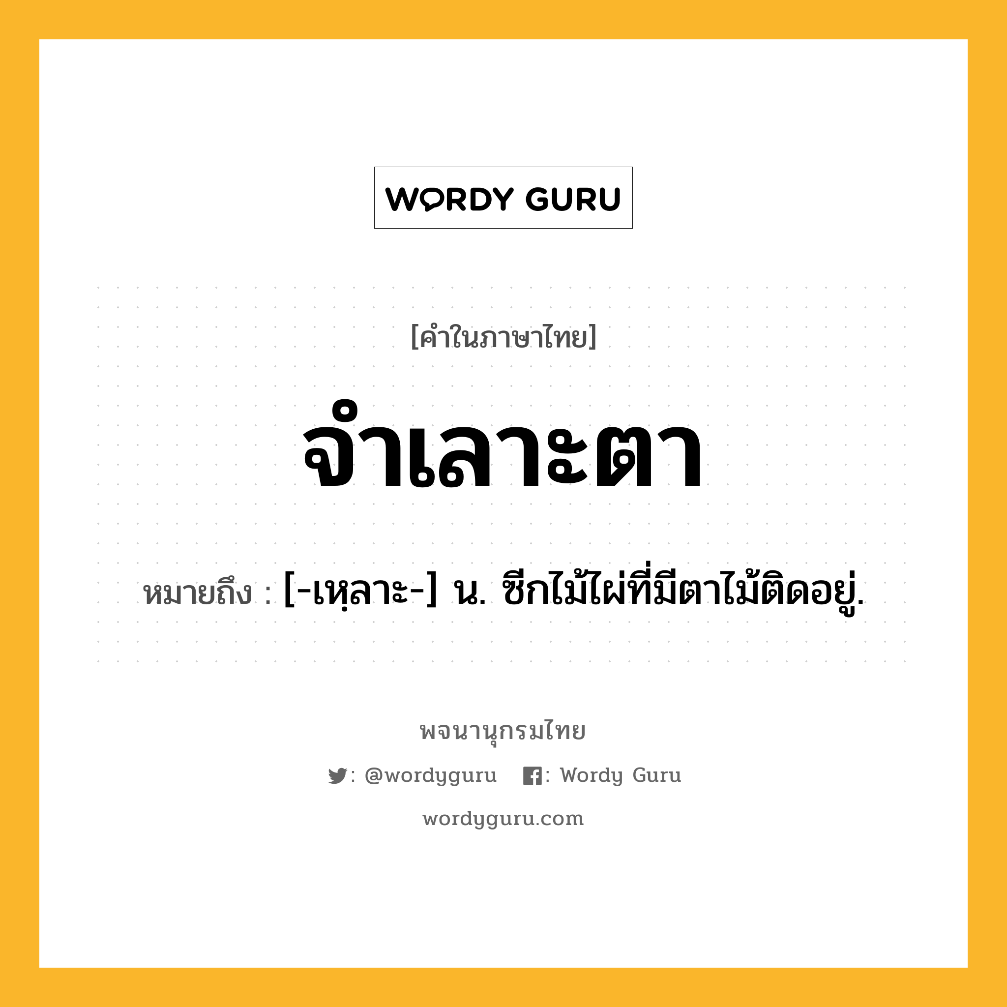 จำเลาะตา ความหมาย หมายถึงอะไร?, คำในภาษาไทย จำเลาะตา หมายถึง [-เหฺลาะ-] น. ซีกไม้ไผ่ที่มีตาไม้ติดอยู่.