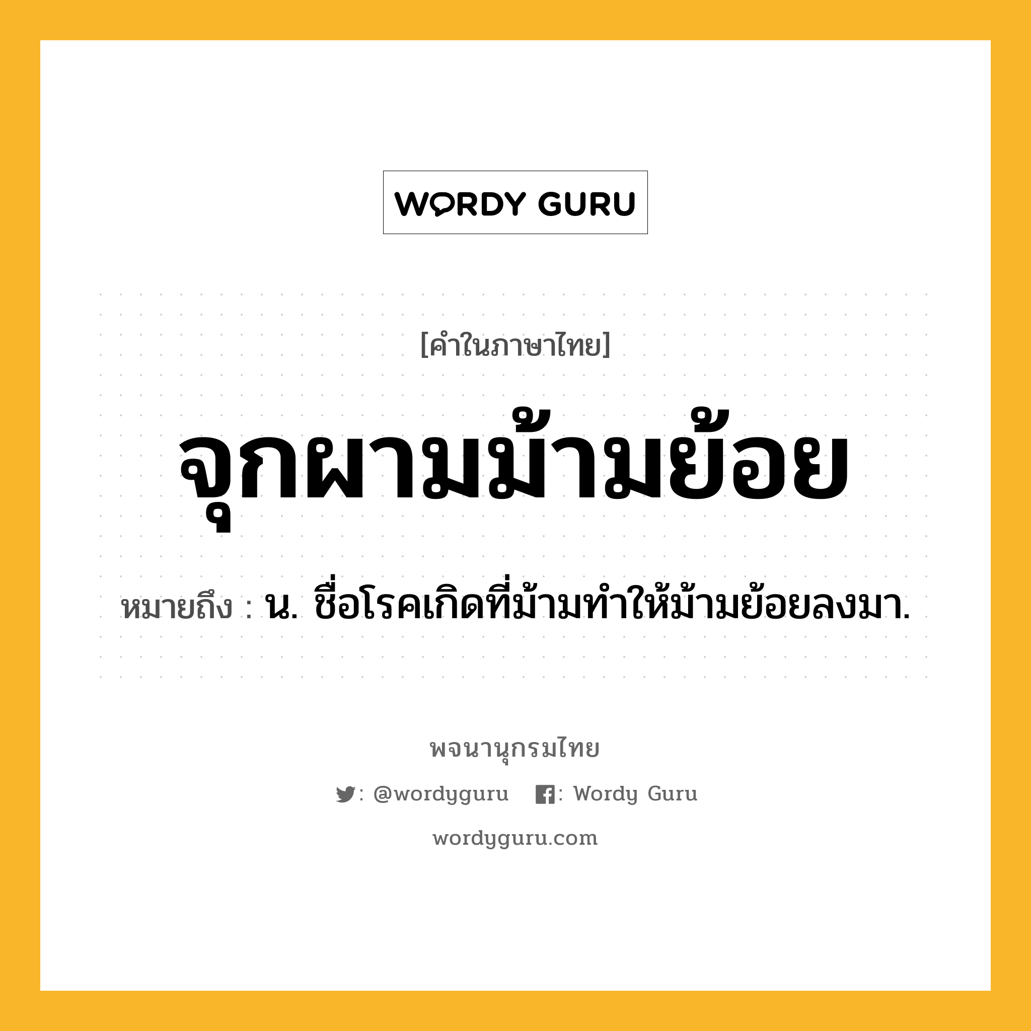 จุกผามม้ามย้อย หมายถึงอะไร?, คำในภาษาไทย จุกผามม้ามย้อย หมายถึง น. ชื่อโรคเกิดที่ม้ามทําให้ม้ามย้อยลงมา.