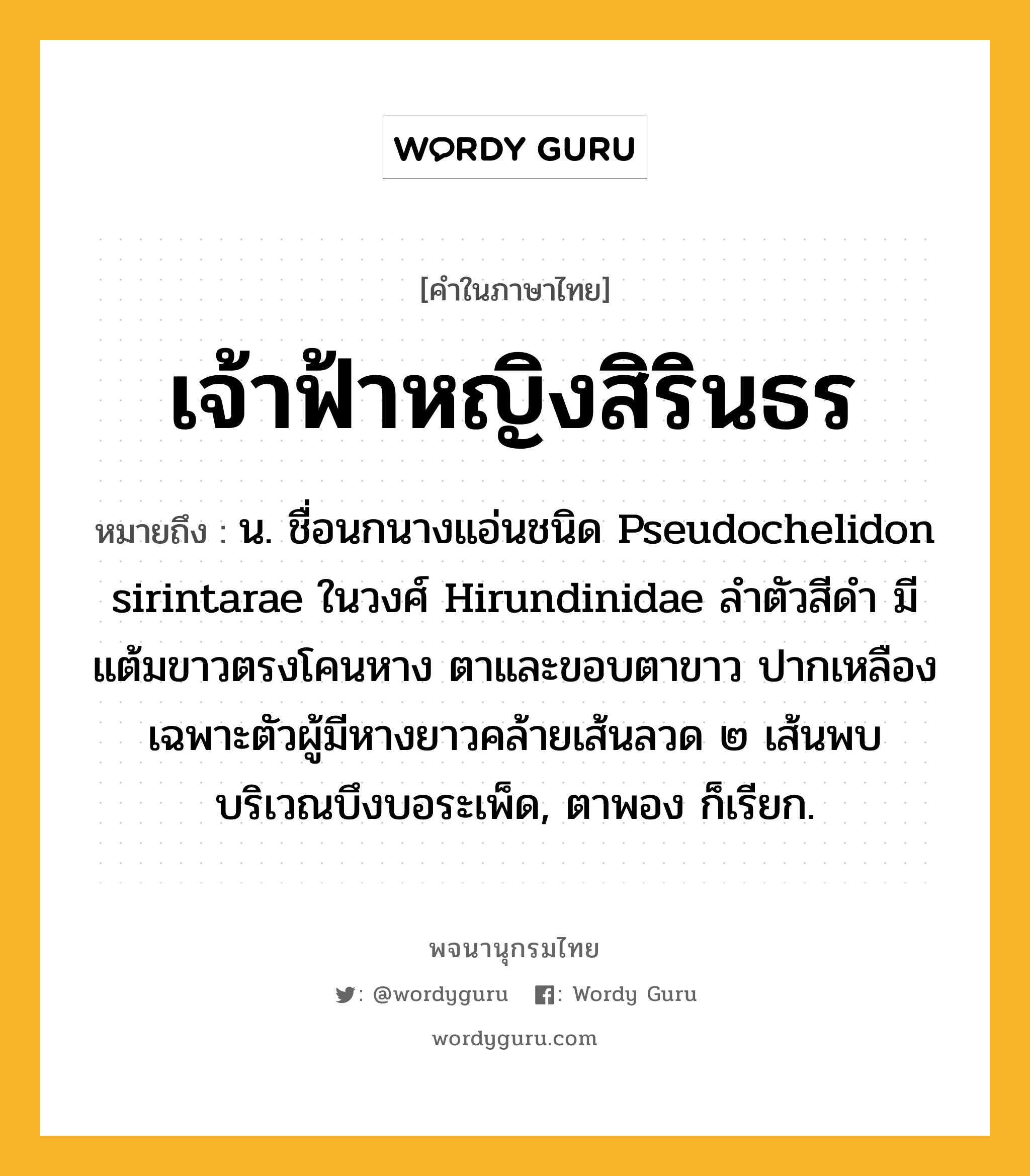 เจ้าฟ้าหญิงสิรินธร หมายถึงอะไร?, คำในภาษาไทย เจ้าฟ้าหญิงสิรินธร หมายถึง น. ชื่อนกนางแอ่นชนิด Pseudochelidon sirintarae ในวงศ์ Hirundinidae ลำตัวสีดำ มีแต้มขาวตรงโคนหาง ตาและขอบตาขาว ปากเหลือง เฉพาะตัวผู้มีหางยาวคล้ายเส้นลวด ๒ เส้นพบบริเวณบึงบอระเพ็ด, ตาพอง ก็เรียก.