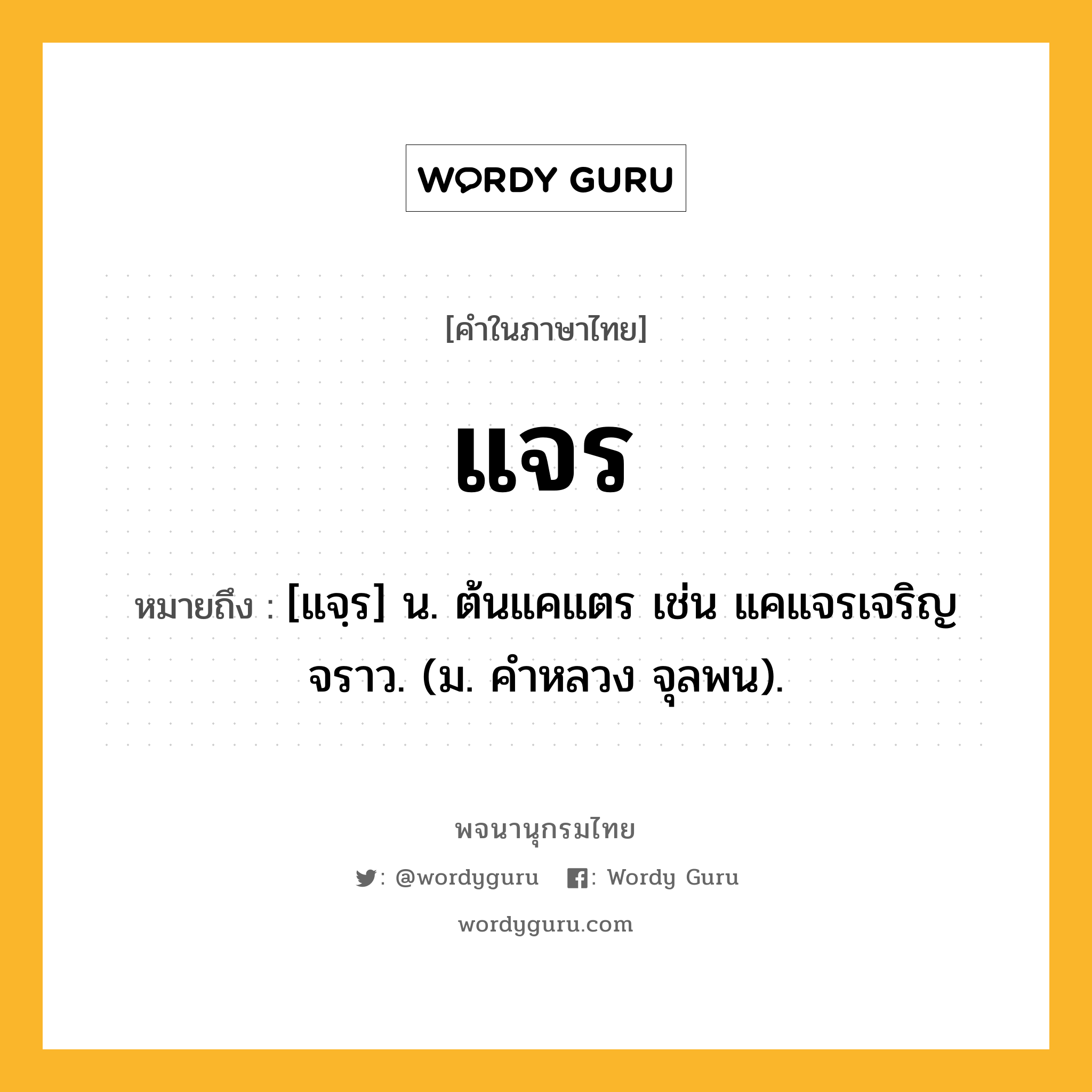 แจร หมายถึงอะไร?, คำในภาษาไทย แจร หมายถึง [แจฺร] น. ต้นแคแตร เช่น แคแจรเจริญจราว. (ม. คําหลวง จุลพน).