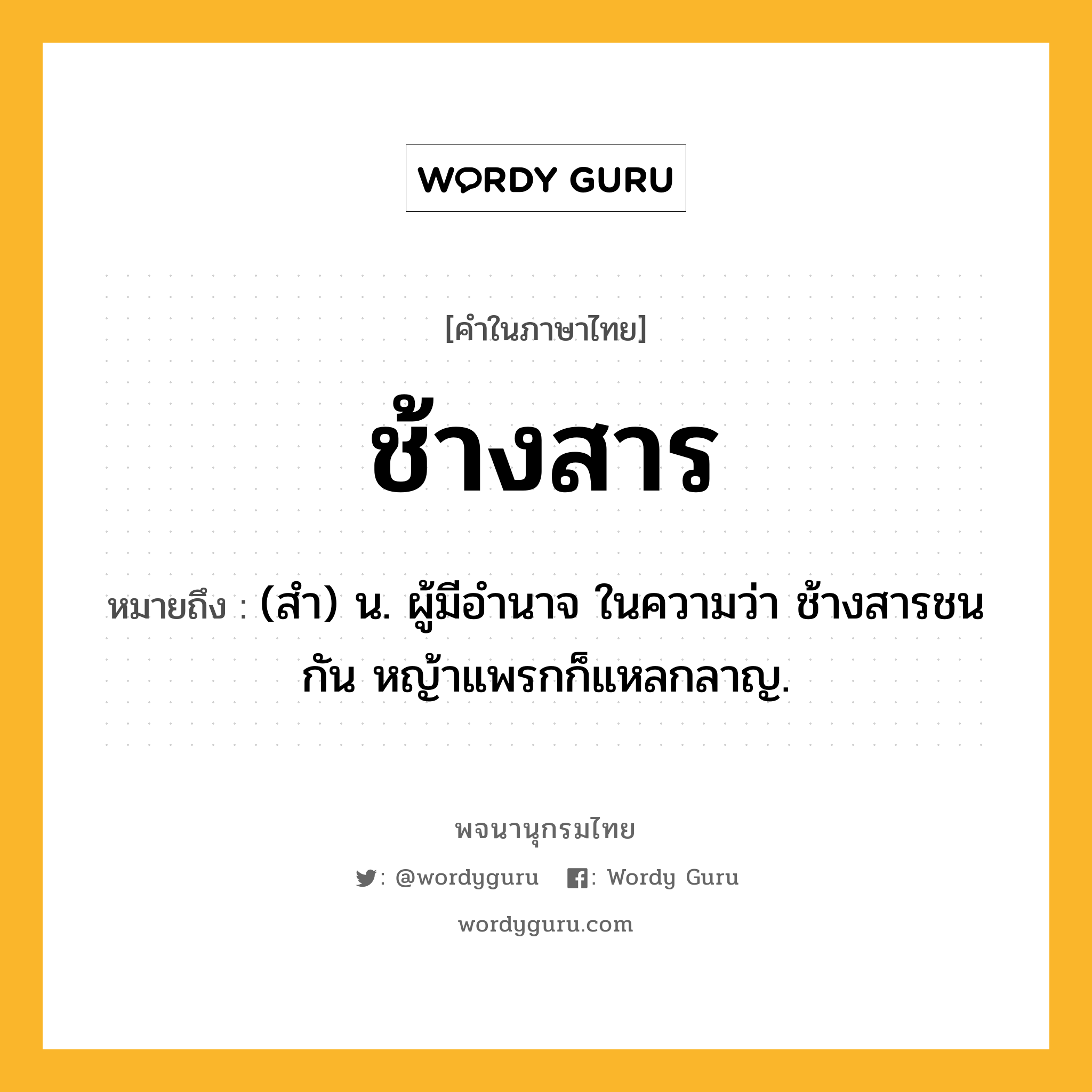 ช้างสาร หมายถึงอะไร?, คำในภาษาไทย ช้างสาร หมายถึง (สำ) น. ผู้มีอำนาจ ในความว่า ช้างสารชนกัน หญ้าแพรกก็แหลกลาญ.