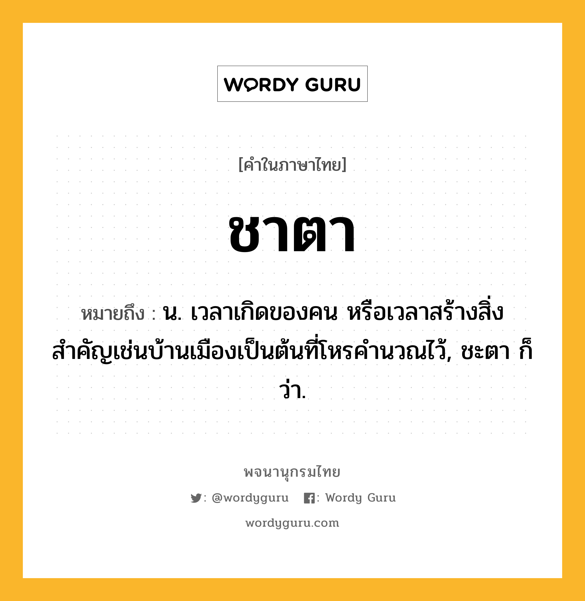 ชาตา หมายถึงอะไร?, คำในภาษาไทย ชาตา หมายถึง น. เวลาเกิดของคน หรือเวลาสร้างสิ่งสำคัญเช่นบ้านเมืองเป็นต้นที่โหรคำนวณไว้, ชะตา ก็ว่า.