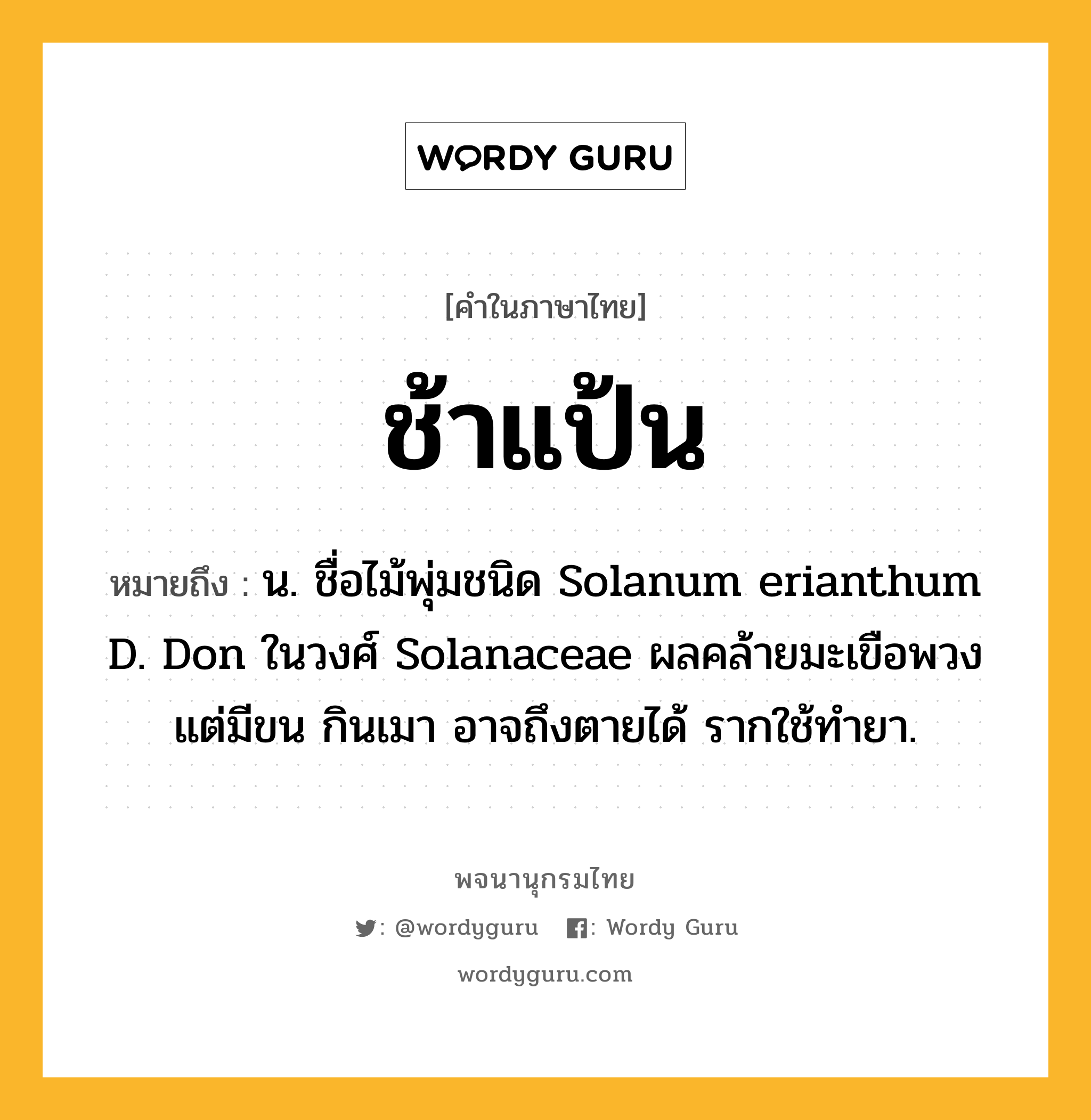 ช้าแป้น หมายถึงอะไร?, คำในภาษาไทย ช้าแป้น หมายถึง น. ชื่อไม้พุ่มชนิด Solanum erianthum D. Don ในวงศ์ Solanaceae ผลคล้ายมะเขือพวงแต่มีขน กินเมา อาจถึงตายได้ รากใช้ทํายา.