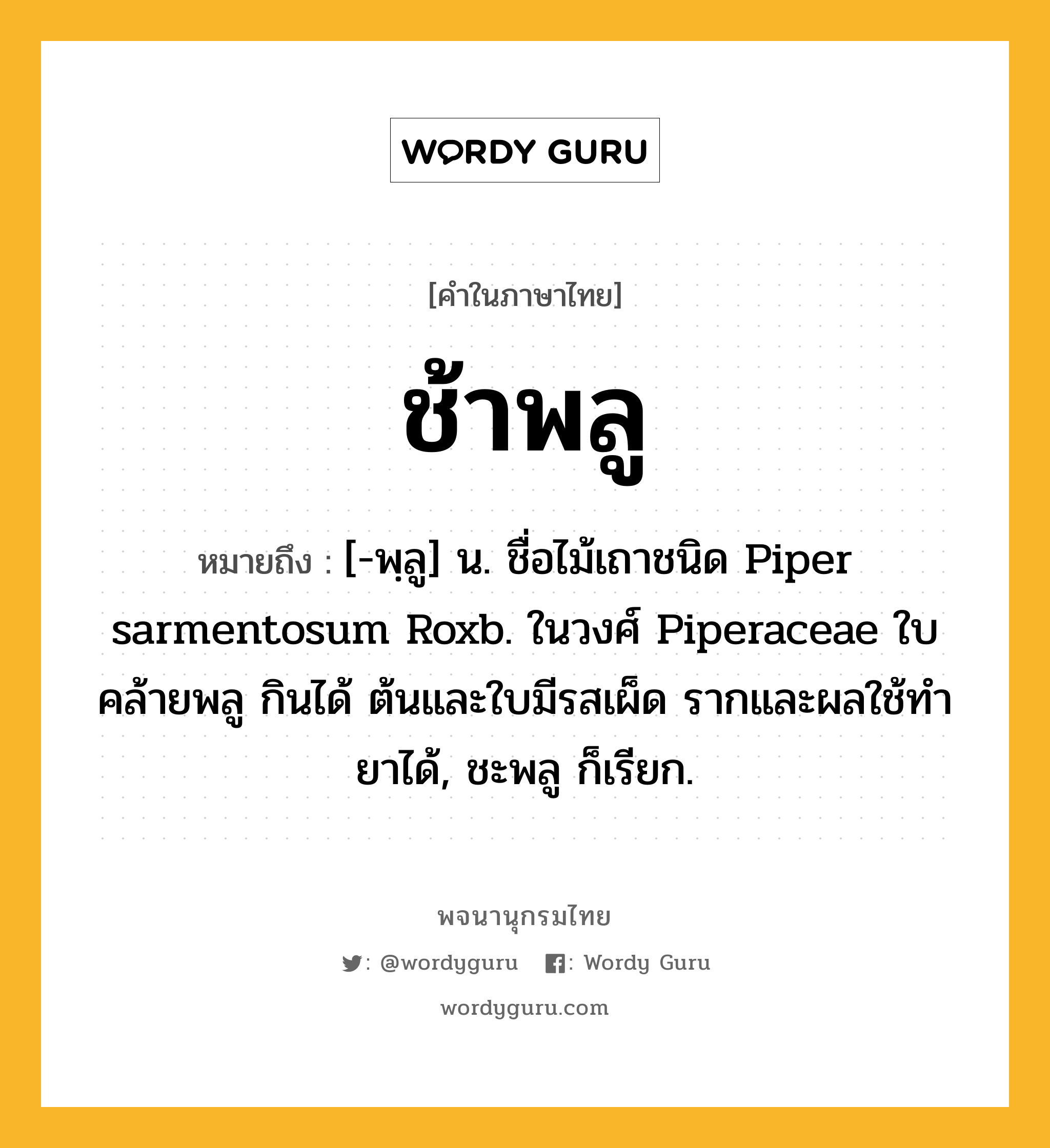 ช้าพลู ความหมาย หมายถึงอะไร?, คำในภาษาไทย ช้าพลู หมายถึง [-พฺลู] น. ชื่อไม้เถาชนิด Piper sarmentosum Roxb. ในวงศ์ Piperaceae ใบคล้ายพลู กินได้ ต้นและใบมีรสเผ็ด รากและผลใช้ทํายาได้, ชะพลู ก็เรียก.