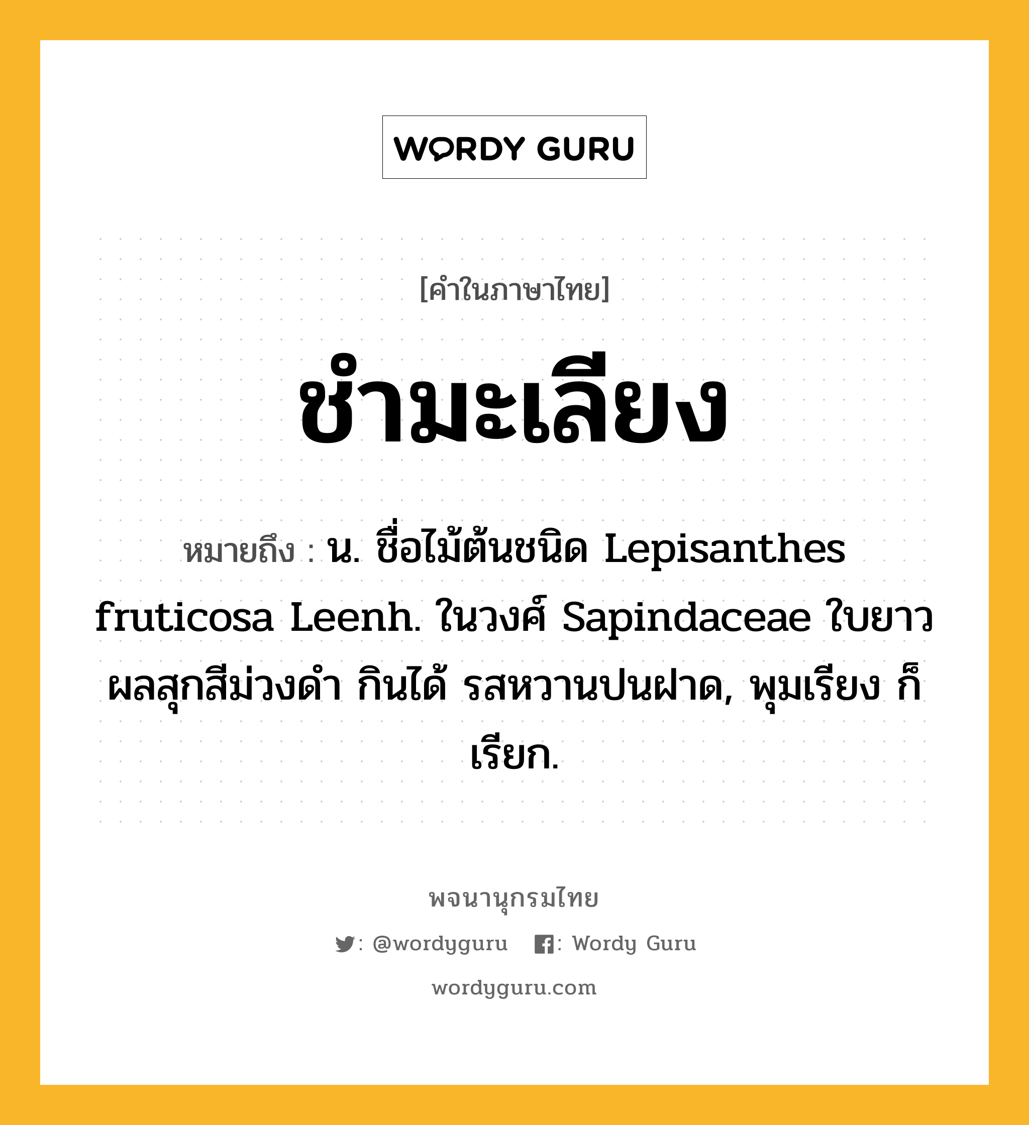 ชำมะเลียง หมายถึงอะไร?, คำในภาษาไทย ชำมะเลียง หมายถึง น. ชื่อไม้ต้นชนิด Lepisanthes fruticosa Leenh. ในวงศ์ Sapindaceae ใบยาว ผลสุกสีม่วงดํา กินได้ รสหวานปนฝาด, พุมเรียง ก็เรียก.