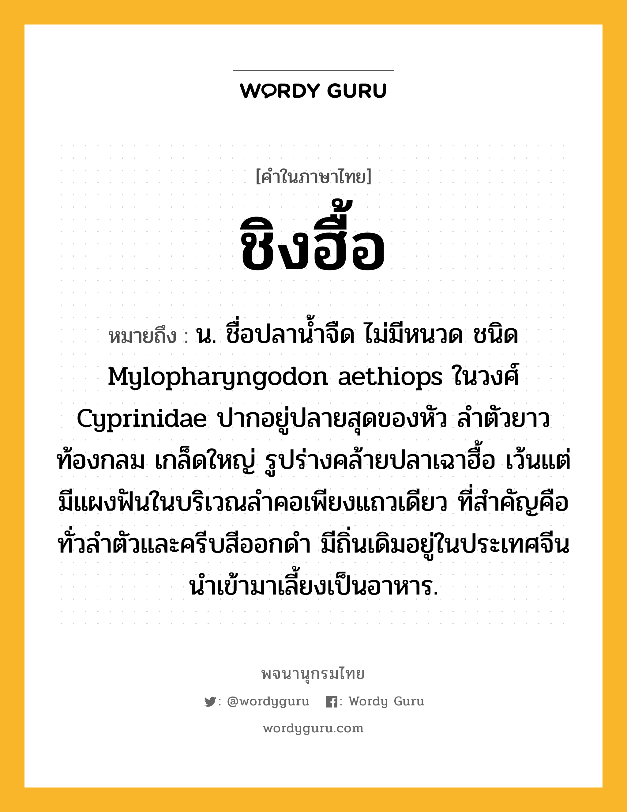 ชิงฮื้อ หมายถึงอะไร?, คำในภาษาไทย ชิงฮื้อ หมายถึง น. ชื่อปลานํ้าจืด ไม่มีหนวด ชนิด Mylopharyngodon aethiops ในวงศ์ Cyprinidae ปากอยู่ปลายสุดของหัว ลําตัวยาว ท้องกลม เกล็ดใหญ่ รูปร่างคล้ายปลาเฉาฮื้อ เว้นแต่มีแผงฟันในบริเวณลําคอเพียงแถวเดียว ที่สําคัญคือ ทั่วลําตัวและครีบสีออกดํา มีถิ่นเดิมอยู่ในประเทศจีน นําเข้ามาเลี้ยงเป็นอาหาร.