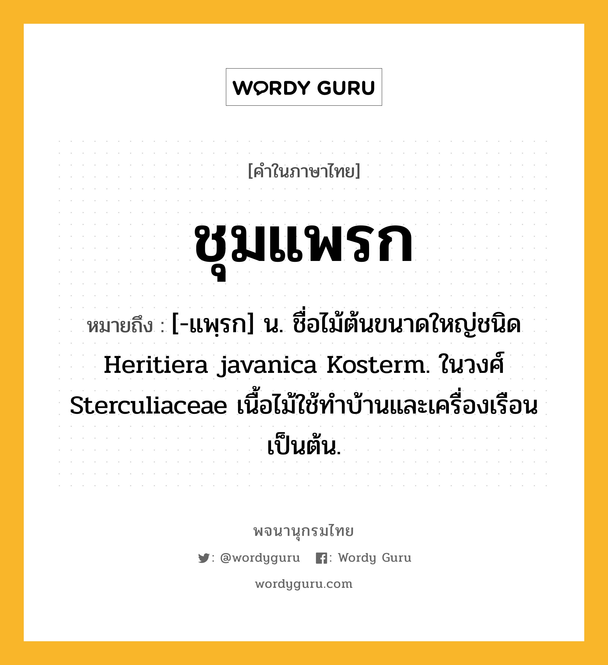 ชุมแพรก หมายถึงอะไร?, คำในภาษาไทย ชุมแพรก หมายถึง [-แพฺรก] น. ชื่อไม้ต้นขนาดใหญ่ชนิด Heritiera javanica Kosterm. ในวงศ์ Sterculiaceae เนื้อไม้ใช้ทําบ้านและเครื่องเรือนเป็นต้น.