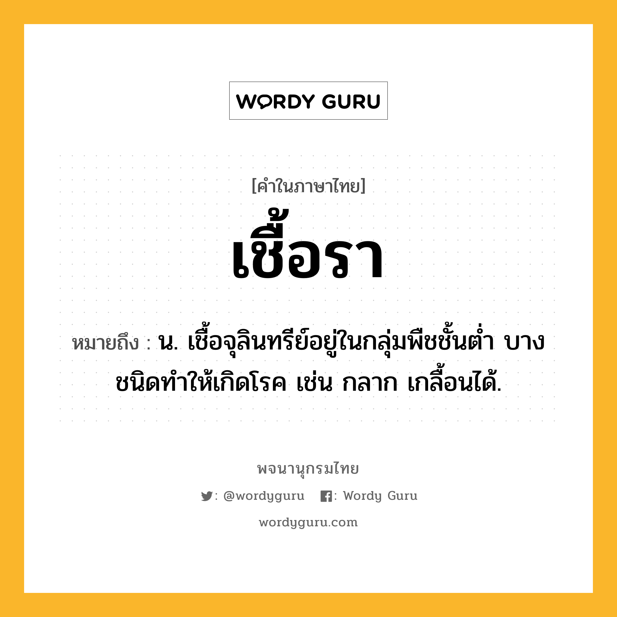 เชื้อรา ความหมาย หมายถึงอะไร?, คำในภาษาไทย เชื้อรา หมายถึง น. เชื้อจุลินทรีย์อยู่ในกลุ่มพืชชั้นตํ่า บางชนิดทําให้เกิดโรค เช่น กลาก เกลื้อนได้.