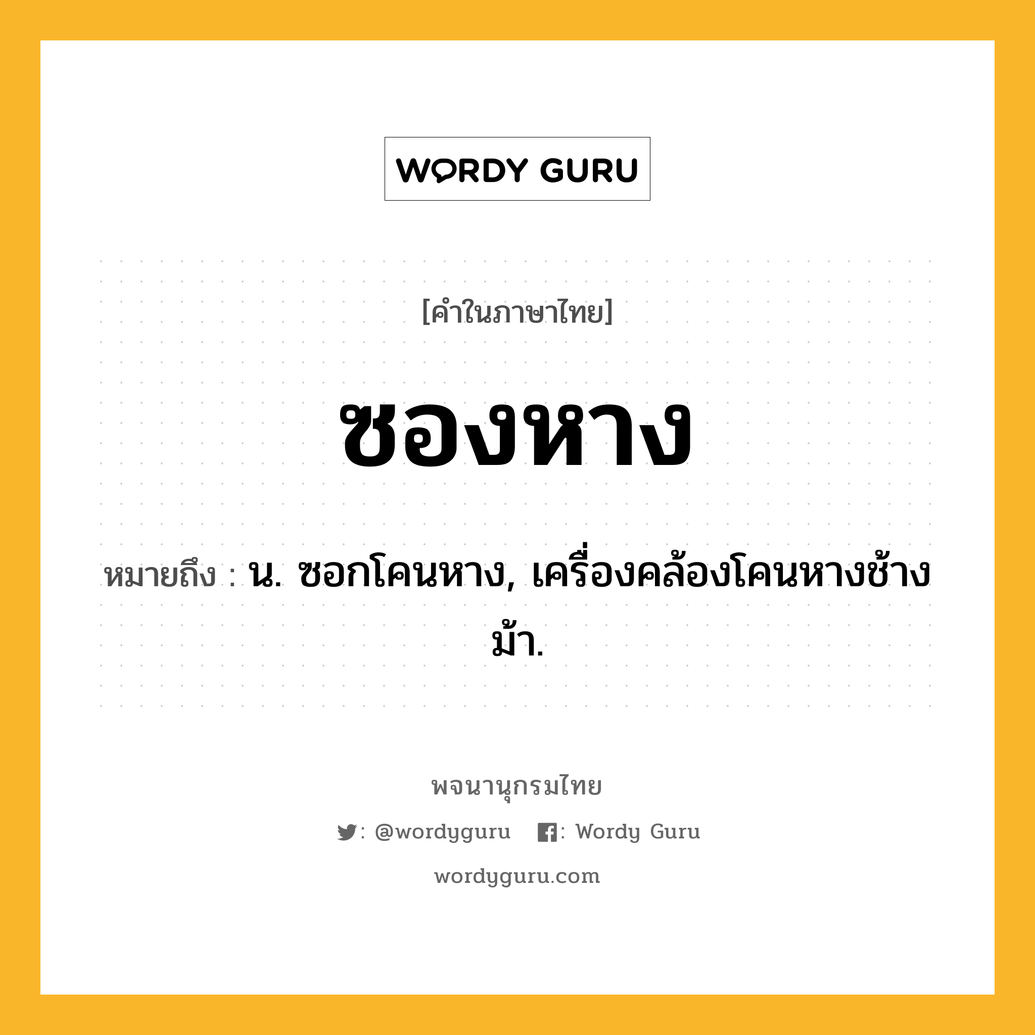 ซองหาง หมายถึงอะไร?, คำในภาษาไทย ซองหาง หมายถึง น. ซอกโคนหาง, เครื่องคล้องโคนหางช้างม้า.