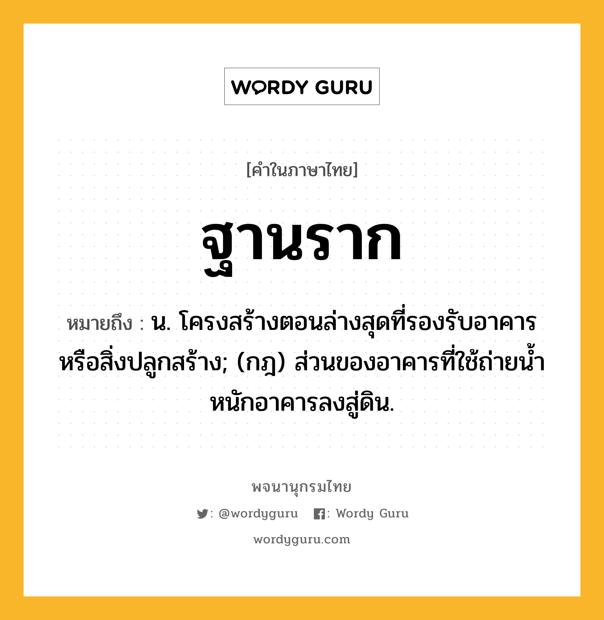 ฐานราก หมายถึงอะไร?, คำในภาษาไทย ฐานราก หมายถึง น. โครงสร้างตอนล่างสุดที่รองรับอาคารหรือสิ่งปลูกสร้าง; (กฎ) ส่วนของอาคารที่ใช้ถ่ายนํ้าหนักอาคารลงสู่ดิน.