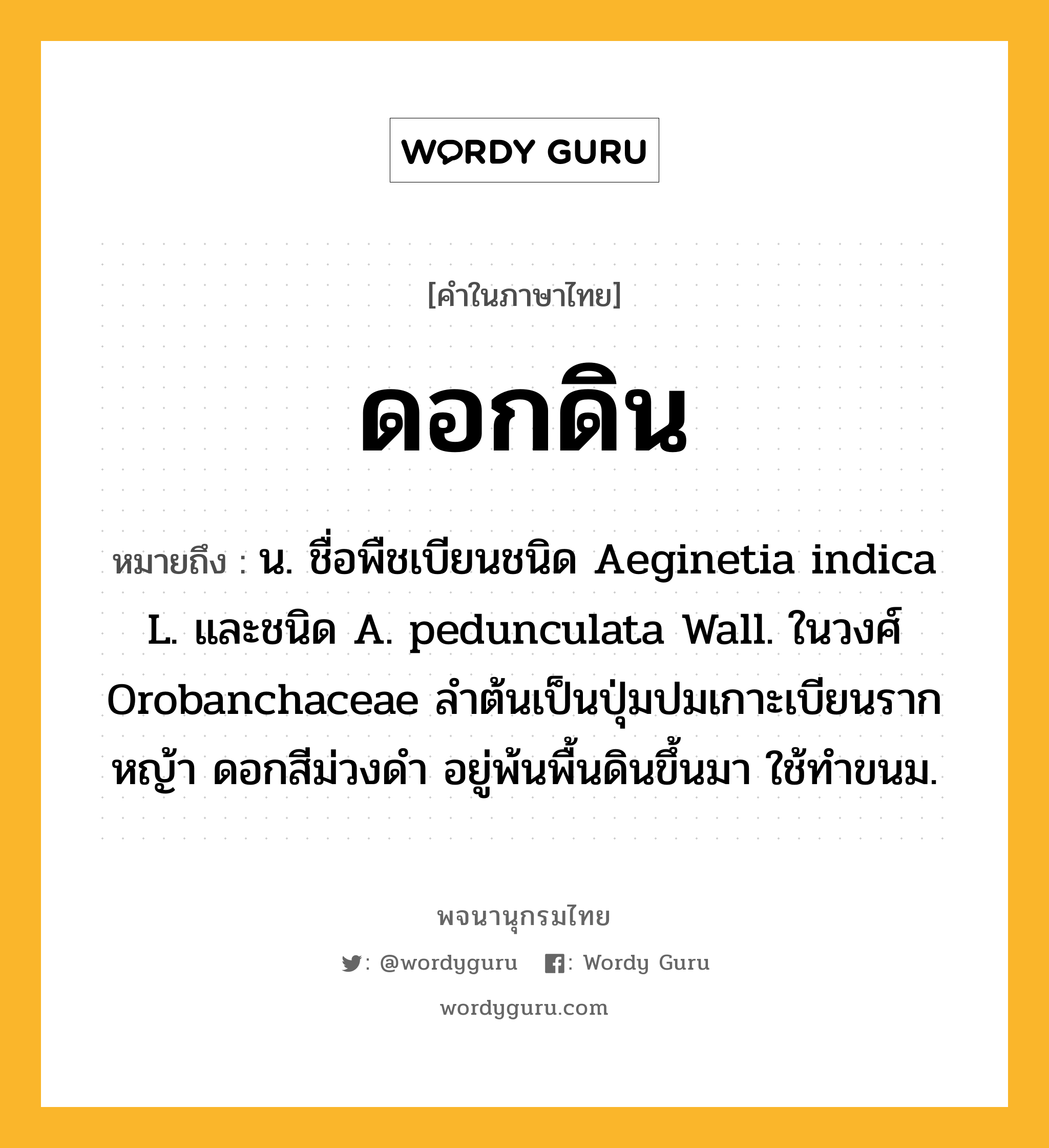 ดอกดิน หมายถึงอะไร?, คำในภาษาไทย ดอกดิน หมายถึง น. ชื่อพืชเบียนชนิด Aeginetia indica L. และชนิด A. pedunculata Wall. ในวงศ์ Orobanchaceae ลําต้นเป็นปุ่มปมเกาะเบียนรากหญ้า ดอกสีม่วงดํา อยู่พ้นพื้นดินขึ้นมา ใช้ทําขนม.