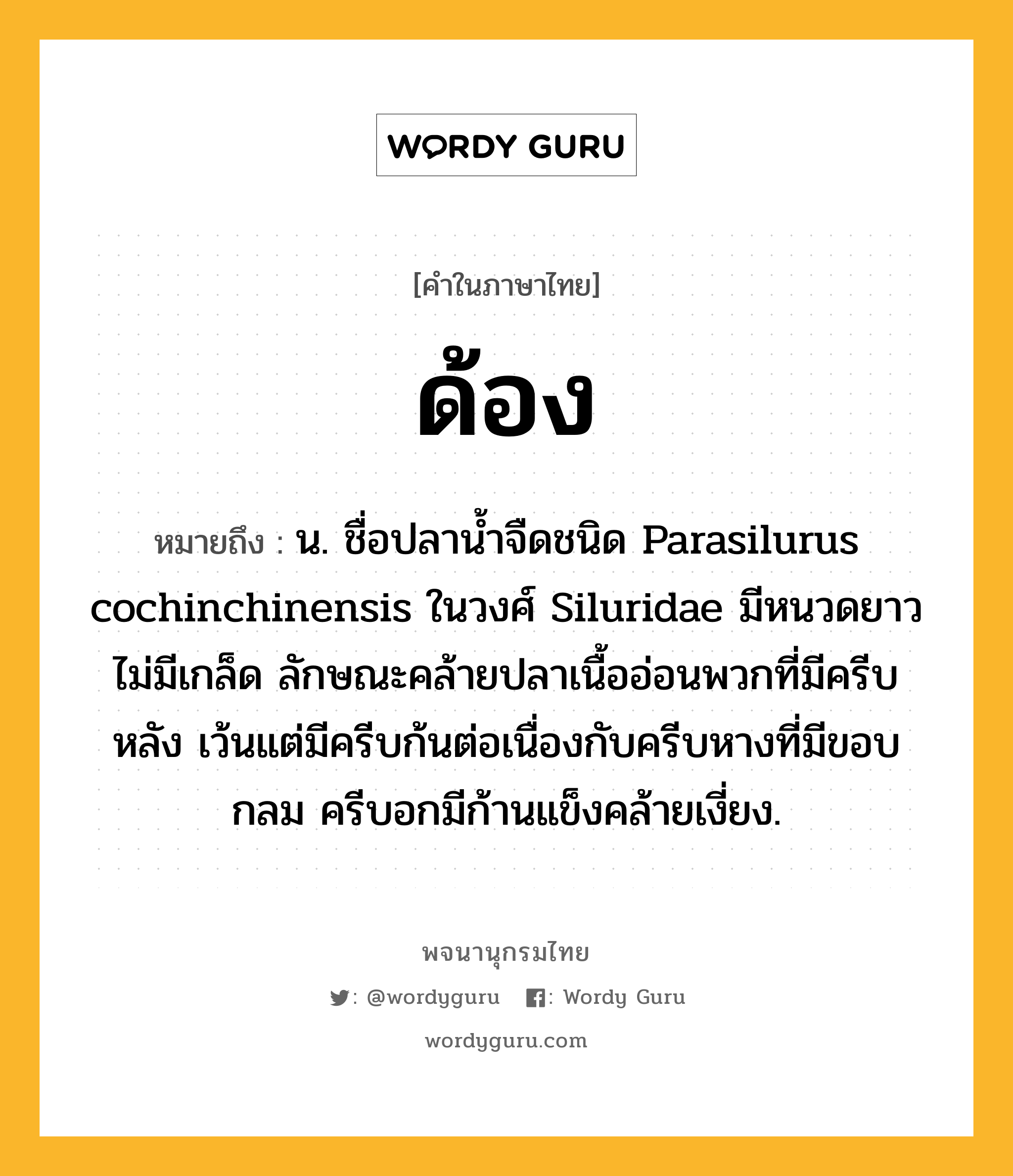 ด้อง หมายถึงอะไร?, คำในภาษาไทย ด้อง หมายถึง น. ชื่อปลานํ้าจืดชนิด Parasilurus cochinchinensis ในวงศ์ Siluridae มีหนวดยาว ไม่มีเกล็ด ลักษณะคล้ายปลาเนื้ออ่อนพวกที่มีครีบหลัง เว้นแต่มีครีบก้นต่อเนื่องกับครีบหางที่มีขอบกลม ครีบอกมีก้านแข็งคล้ายเงี่ยง.