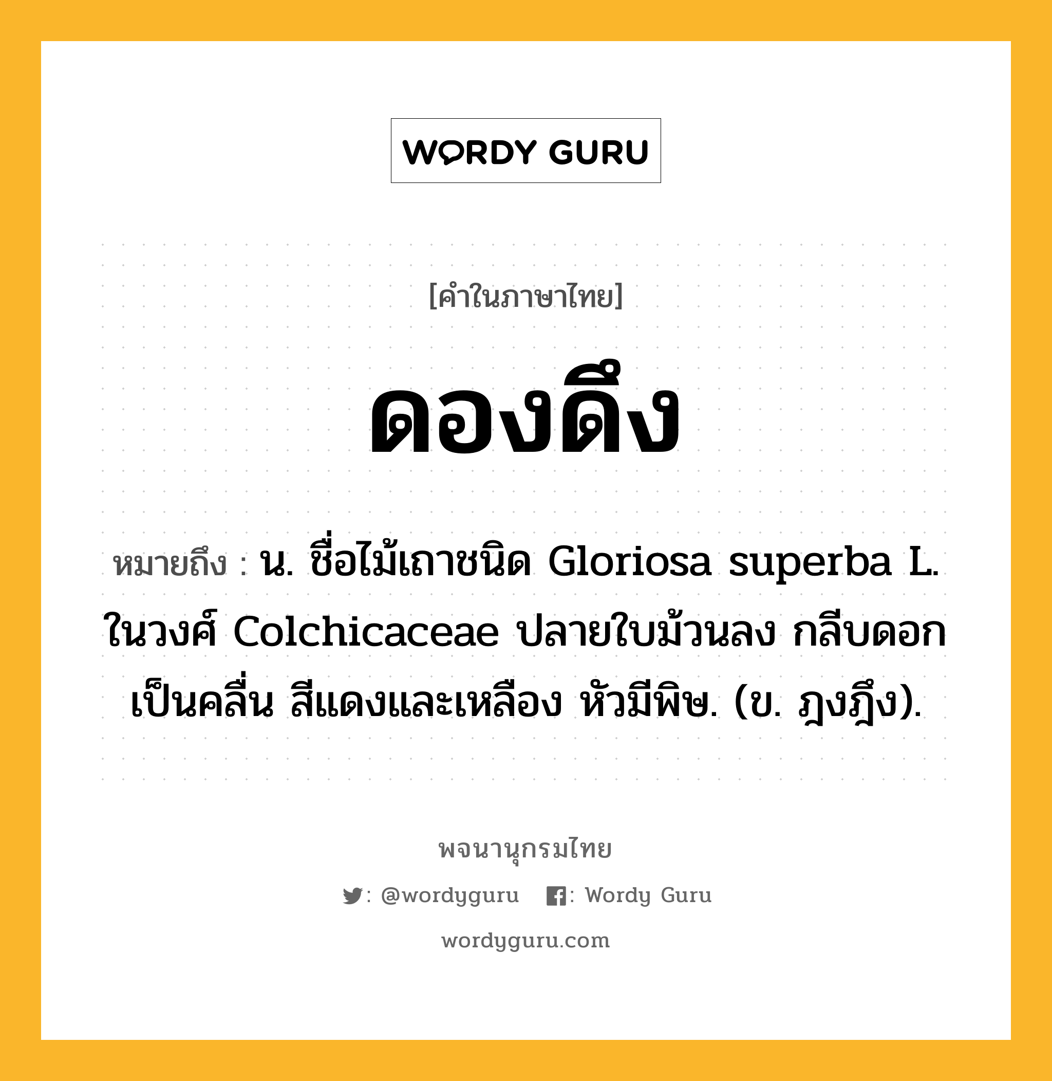 ดองดึง หมายถึงอะไร?, คำในภาษาไทย ดองดึง หมายถึง น. ชื่อไม้เถาชนิด Gloriosa superba L. ในวงศ์ Colchicaceae ปลายใบม้วนลง กลีบดอกเป็นคลื่น สีแดงและเหลือง หัวมีพิษ. (ข. ฎงฎึง).