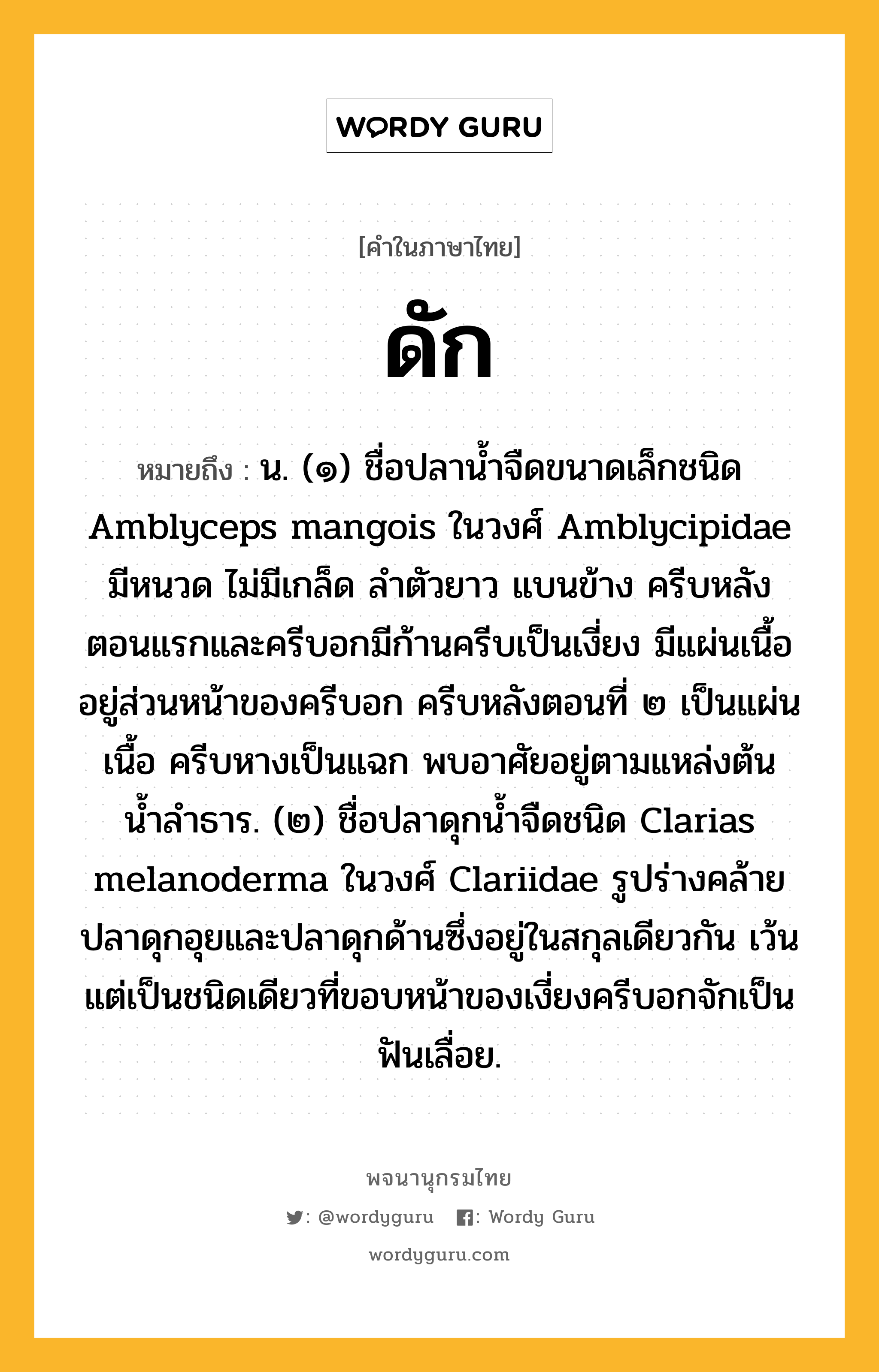 ดัก หมายถึงอะไร?, คำในภาษาไทย ดัก หมายถึง น. (๑) ชื่อปลานํ้าจืดขนาดเล็กชนิด Amblyceps mangois ในวงศ์ Amblycipidae มีหนวด ไม่มีเกล็ด ลําตัวยาว แบนข้าง ครีบหลังตอนแรกและครีบอกมีก้านครีบเป็นเงี่ยง มีแผ่นเนื้ออยู่ส่วนหน้าของครีบอก ครีบหลังตอนที่ ๒ เป็นแผ่นเนื้อ ครีบหางเป็นแฉก พบอาศัยอยู่ตามแหล่งต้นนํ้าลําธาร. (๒) ชื่อปลาดุกนํ้าจืดชนิด Clarias melanoderma ในวงศ์ Clariidae รูปร่างคล้ายปลาดุกอุยและปลาดุกด้านซึ่งอยู่ในสกุลเดียวกัน เว้นแต่เป็นชนิดเดียวที่ขอบหน้าของเงี่ยงครีบอกจักเป็นฟันเลื่อย.