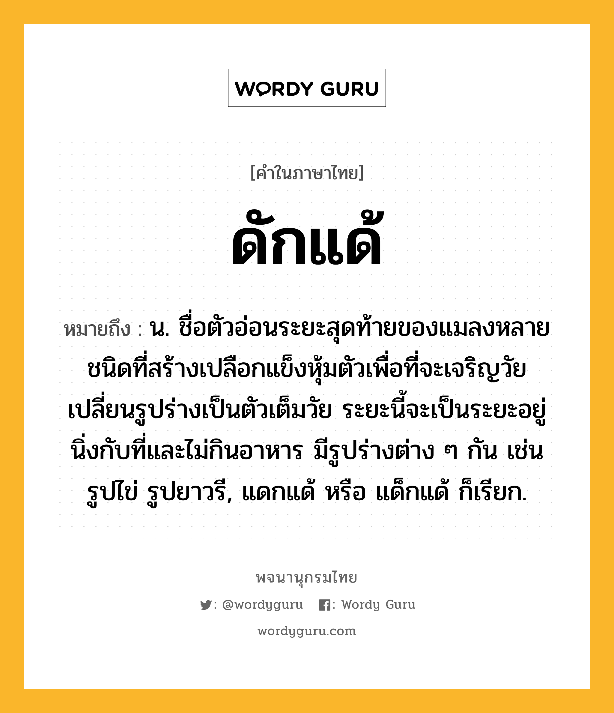 ดักแด้ หมายถึงอะไร?, คำในภาษาไทย ดักแด้ หมายถึง น. ชื่อตัวอ่อนระยะสุดท้ายของแมลงหลายชนิดที่สร้างเปลือกแข็งหุ้มตัวเพื่อที่จะเจริญวัยเปลี่ยนรูปร่างเป็นตัวเต็มวัย ระยะนี้จะเป็นระยะอยู่นิ่งกับที่และไม่กินอาหาร มีรูปร่างต่าง ๆ กัน เช่น รูปไข่ รูปยาวรี, แดกแด้ หรือ แด็กแด้ ก็เรียก.