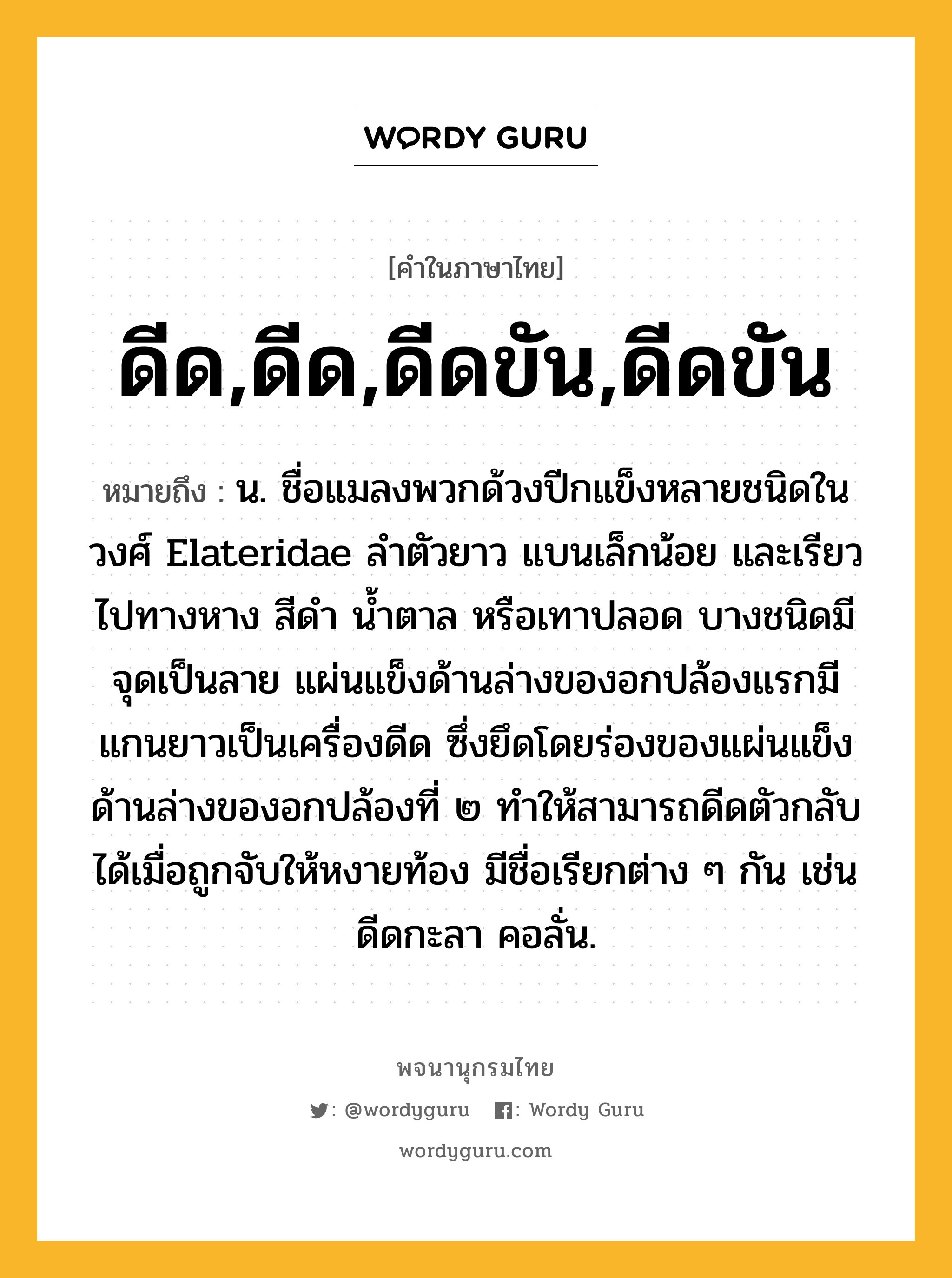 ดีด,ดีด,ดีดขัน,ดีดขัน ความหมาย หมายถึงอะไร?, คำในภาษาไทย ดีด,ดีด,ดีดขัน,ดีดขัน หมายถึง น. ชื่อแมลงพวกด้วงปีกแข็งหลายชนิดในวงศ์ Elateridae ลําตัวยาว แบนเล็กน้อย และเรียวไปทางหาง สีดํา นํ้าตาล หรือเทาปลอด บางชนิดมีจุดเป็นลาย แผ่นแข็งด้านล่างของอกปล้องแรกมีแกนยาวเป็นเครื่องดีด ซึ่งยึดโดยร่องของแผ่นแข็งด้านล่างของอกปล้องที่ ๒ ทําให้สามารถดีดตัวกลับได้เมื่อถูกจับให้หงายท้อง มีชื่อเรียกต่าง ๆ กัน เช่น ดีดกะลา คอลั่น.