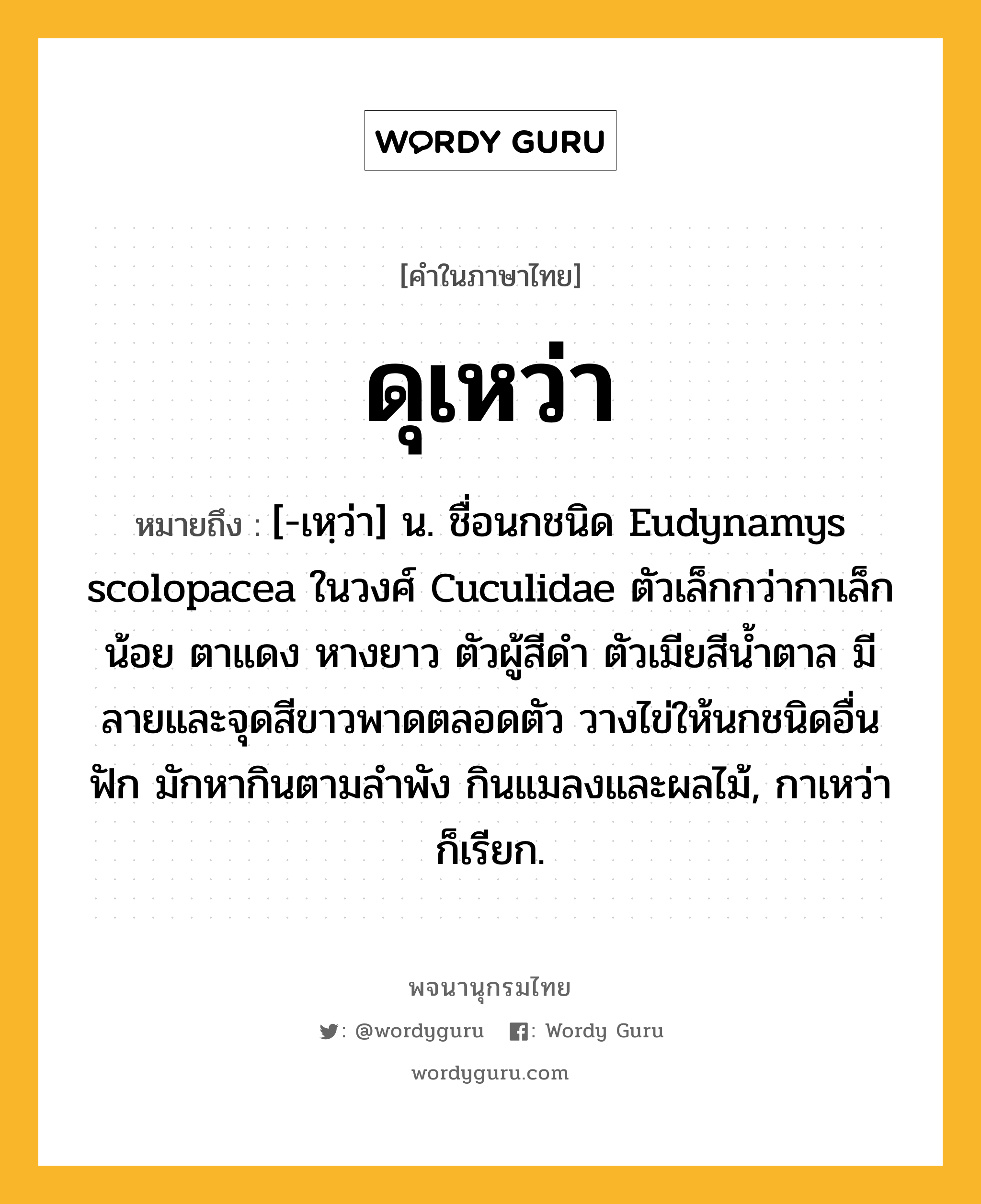 ดุเหว่า หมายถึงอะไร?, คำในภาษาไทย ดุเหว่า หมายถึง [-เหฺว่า] น. ชื่อนกชนิด Eudynamys scolopacea ในวงศ์ Cuculidae ตัวเล็กกว่ากาเล็กน้อย ตาแดง หางยาว ตัวผู้สีดํา ตัวเมียสีนํ้าตาล มีลายและจุดสีขาวพาดตลอดตัว วางไข่ให้นกชนิดอื่นฟัก มักหากินตามลําพัง กินแมลงและผลไม้, กาเหว่า ก็เรียก.