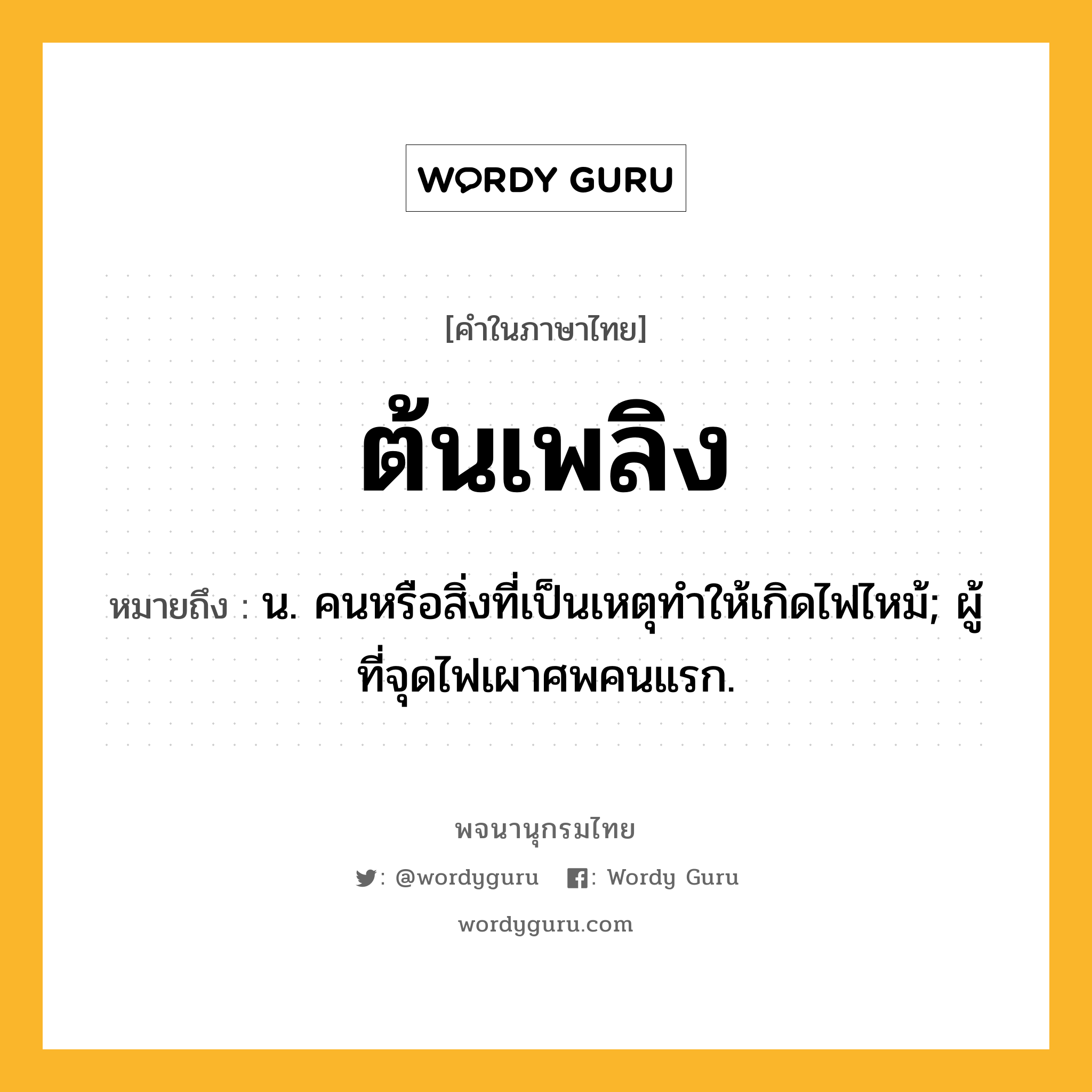 ต้นเพลิง ความหมาย หมายถึงอะไร?, คำในภาษาไทย ต้นเพลิง หมายถึง น. คนหรือสิ่งที่เป็นเหตุทําให้เกิดไฟไหม้; ผู้ที่จุดไฟเผาศพคนแรก.