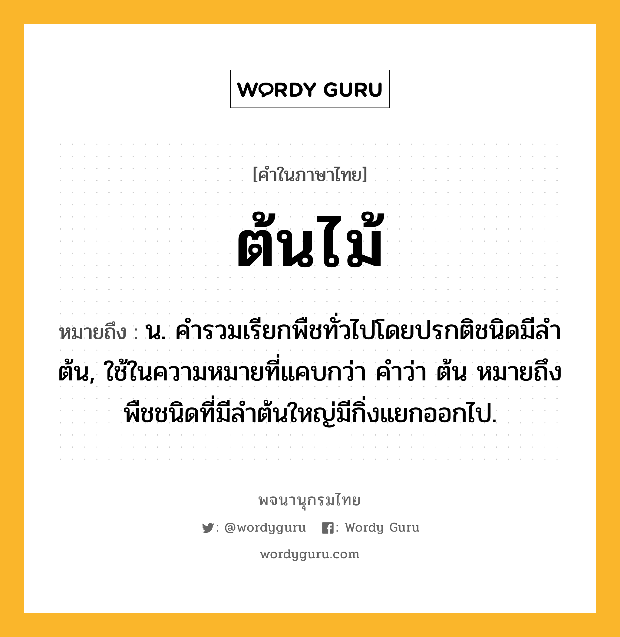 ต้นไม้ หมายถึงอะไร?, คำในภาษาไทย ต้นไม้ หมายถึง น. คํารวมเรียกพืชทั่วไปโดยปรกติชนิดมีลําต้น, ใช้ในความหมายที่แคบกว่า คําว่า ต้น หมายถึง พืชชนิดที่มีลําต้นใหญ่มีกิ่งแยกออกไป.