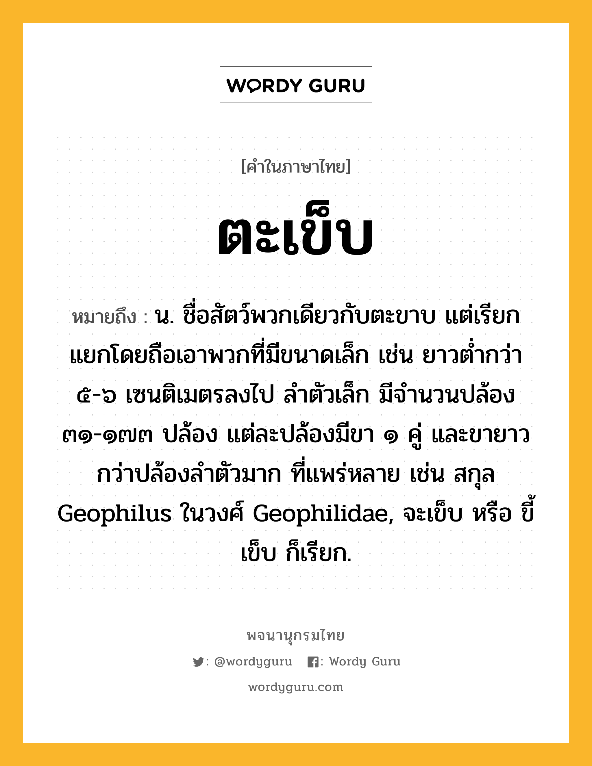 ตะเข็บ หมายถึงอะไร?, คำในภาษาไทย ตะเข็บ หมายถึง น. ชื่อสัตว์พวกเดียวกับตะขาบ แต่เรียกแยกโดยถือเอาพวกที่มีขนาดเล็ก เช่น ยาวตํ่ากว่า ๕-๖ เซนติเมตรลงไป ลําตัวเล็ก มีจำนวนปล้อง ๓๑-๑๗๓ ปล้อง แต่ละปล้องมีขา ๑ คู่ และขายาวกว่าปล้องลําตัวมาก ที่แพร่หลาย เช่น สกุล Geophilus ในวงศ์ Geophilidae, จะเข็บ หรือ ขี้เข็บ ก็เรียก.