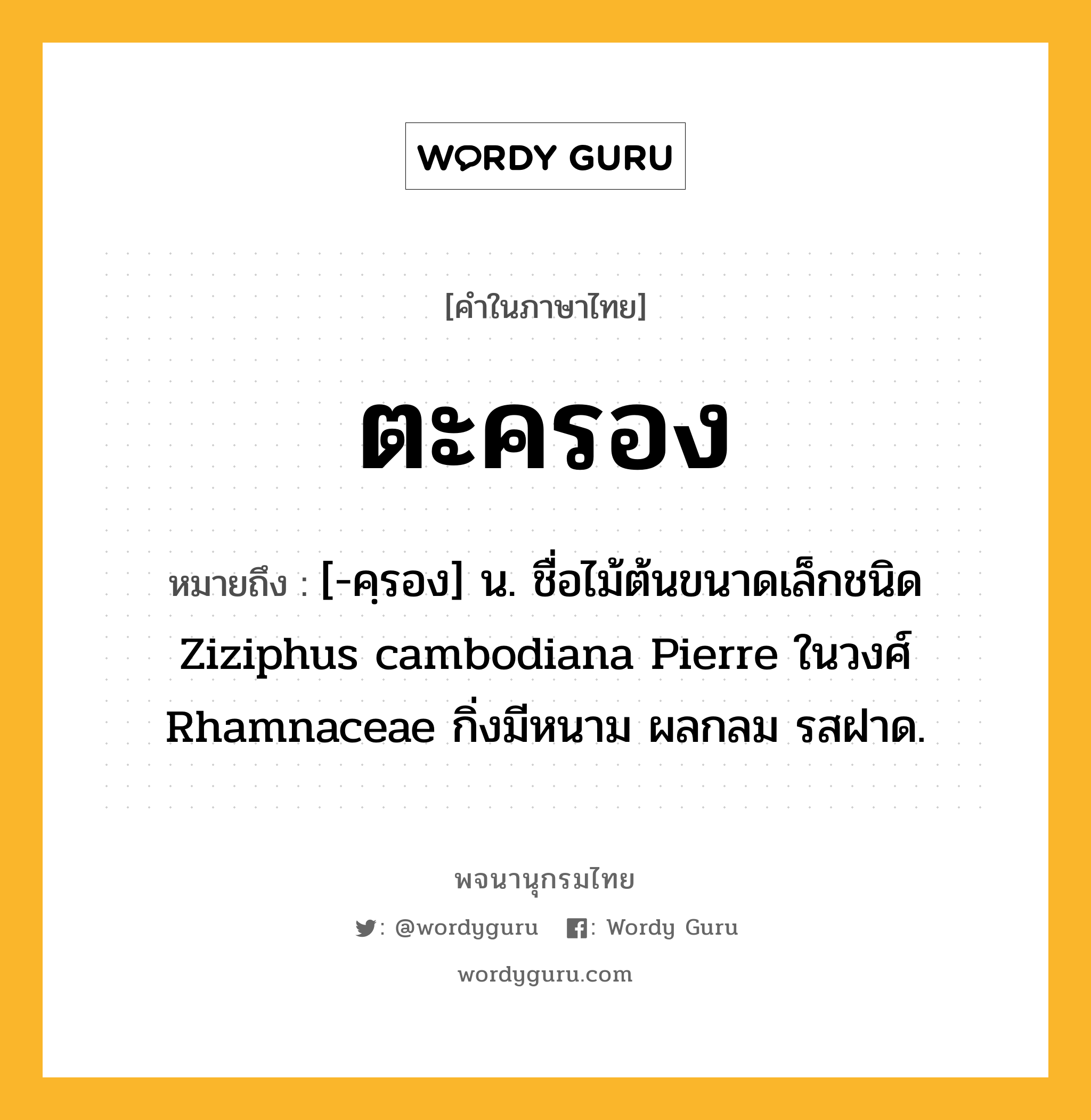 ตะครอง หมายถึงอะไร?, คำในภาษาไทย ตะครอง หมายถึง [-คฺรอง] น. ชื่อไม้ต้นขนาดเล็กชนิด Ziziphus cambodiana Pierre ในวงศ์ Rhamnaceae กิ่งมีหนาม ผลกลม รสฝาด.