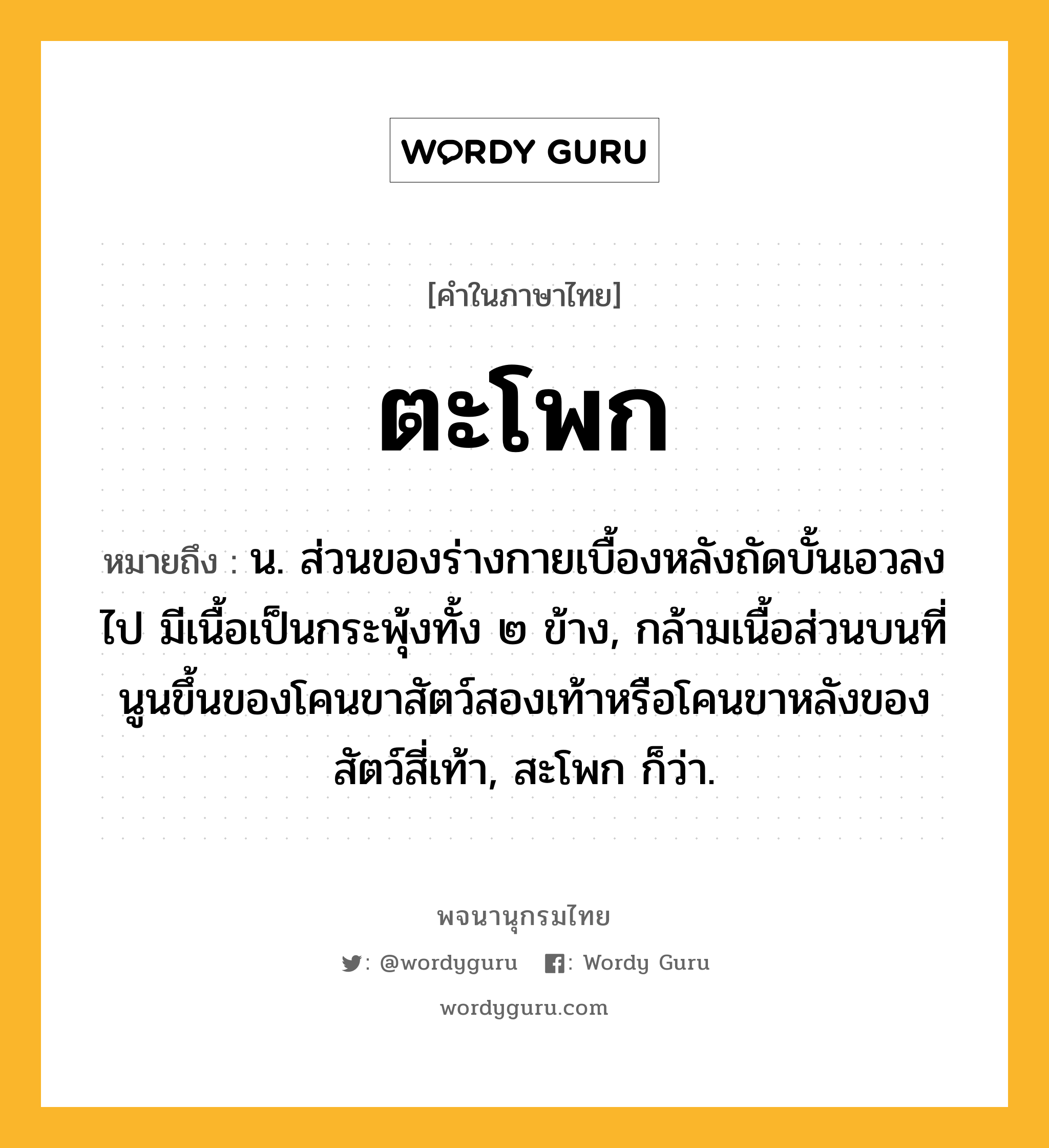 ตะโพก หมายถึงอะไร?, คำในภาษาไทย ตะโพก หมายถึง น. ส่วนของร่างกายเบื้องหลังถัดบั้นเอวลงไป มีเนื้อเป็นกระพุ้งทั้ง ๒ ข้าง, กล้ามเนื้อส่วนบนที่นูนขึ้นของโคนขาสัตว์สองเท้าหรือโคนขาหลังของสัตว์สี่เท้า, สะโพก ก็ว่า.