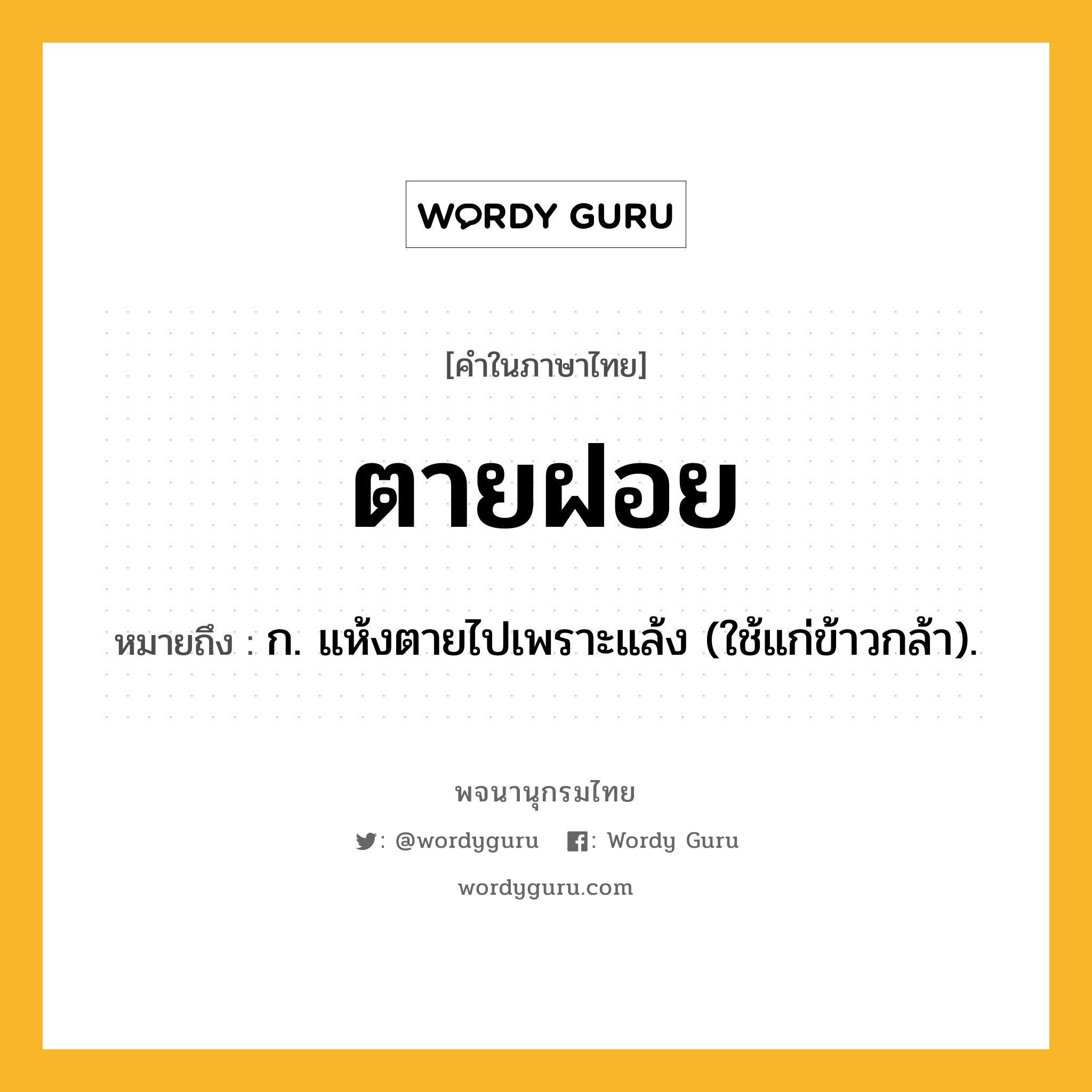 ตายฝอย ความหมาย หมายถึงอะไร?, คำในภาษาไทย ตายฝอย หมายถึง ก. แห้งตายไปเพราะแล้ง (ใช้แก่ข้าวกล้า).