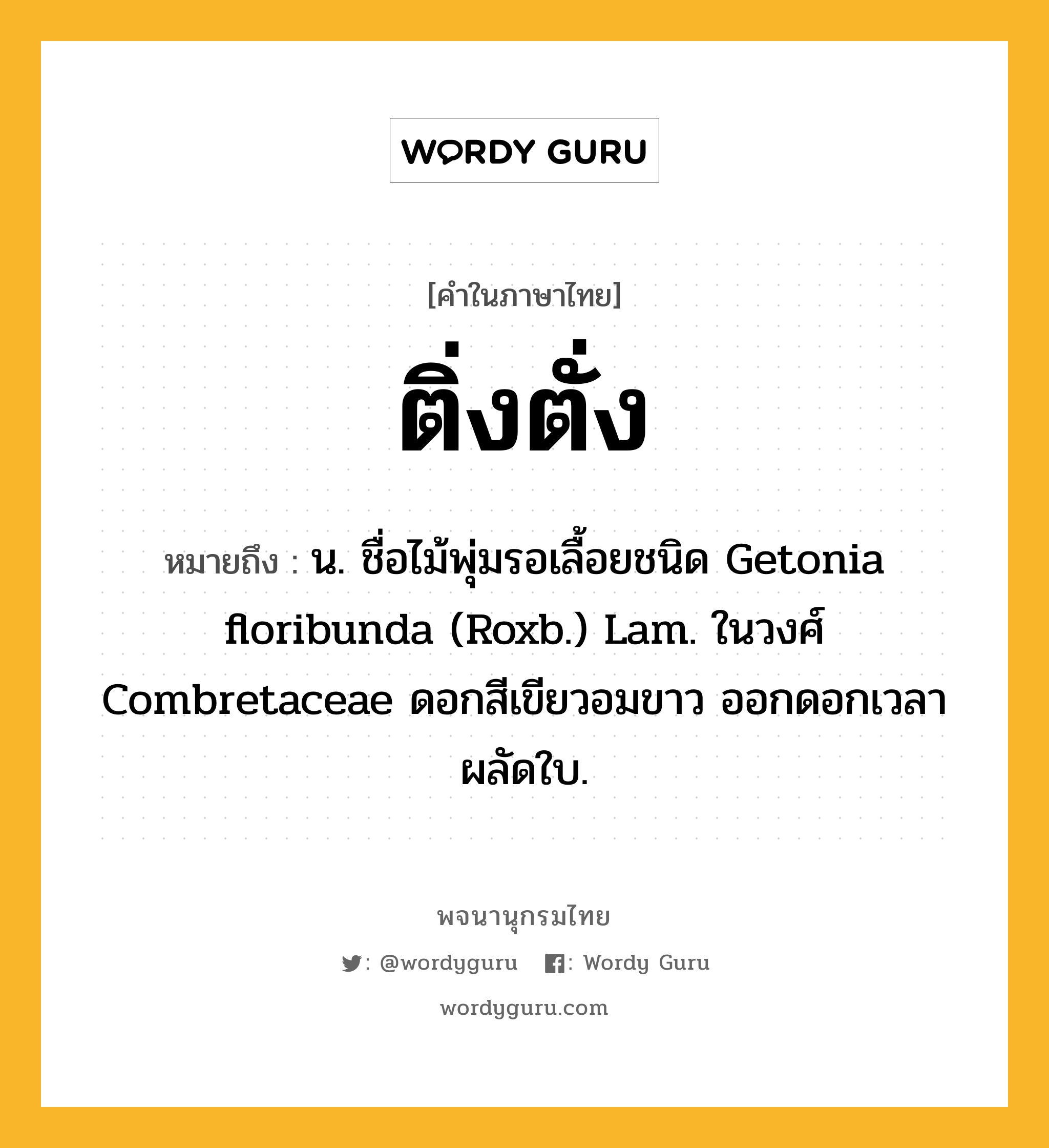 ติ่งตั่ง หมายถึงอะไร?, คำในภาษาไทย ติ่งตั่ง หมายถึง น. ชื่อไม้พุ่มรอเลื้อยชนิด Getonia floribunda (Roxb.) Lam. ในวงศ์ Combretaceae ดอกสีเขียวอมขาว ออกดอกเวลาผลัดใบ.