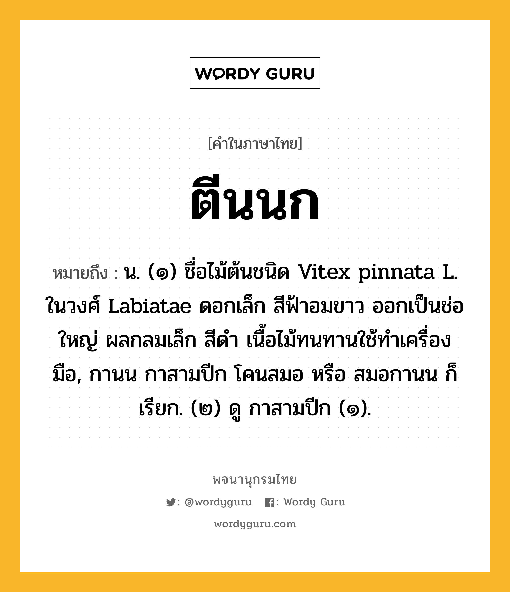 ตีนนก หมายถึงอะไร?, คำในภาษาไทย ตีนนก หมายถึง น. (๑) ชื่อไม้ต้นชนิด Vitex pinnata L. ในวงศ์ Labiatae ดอกเล็ก สีฟ้าอมขาว ออกเป็นช่อใหญ่ ผลกลมเล็ก สีดำ เนื้อไม้ทนทานใช้ทำเครื่องมือ, กานน กาสามปีก โคนสมอ หรือ สมอกานน ก็เรียก. (๒) ดู กาสามปีก (๑).