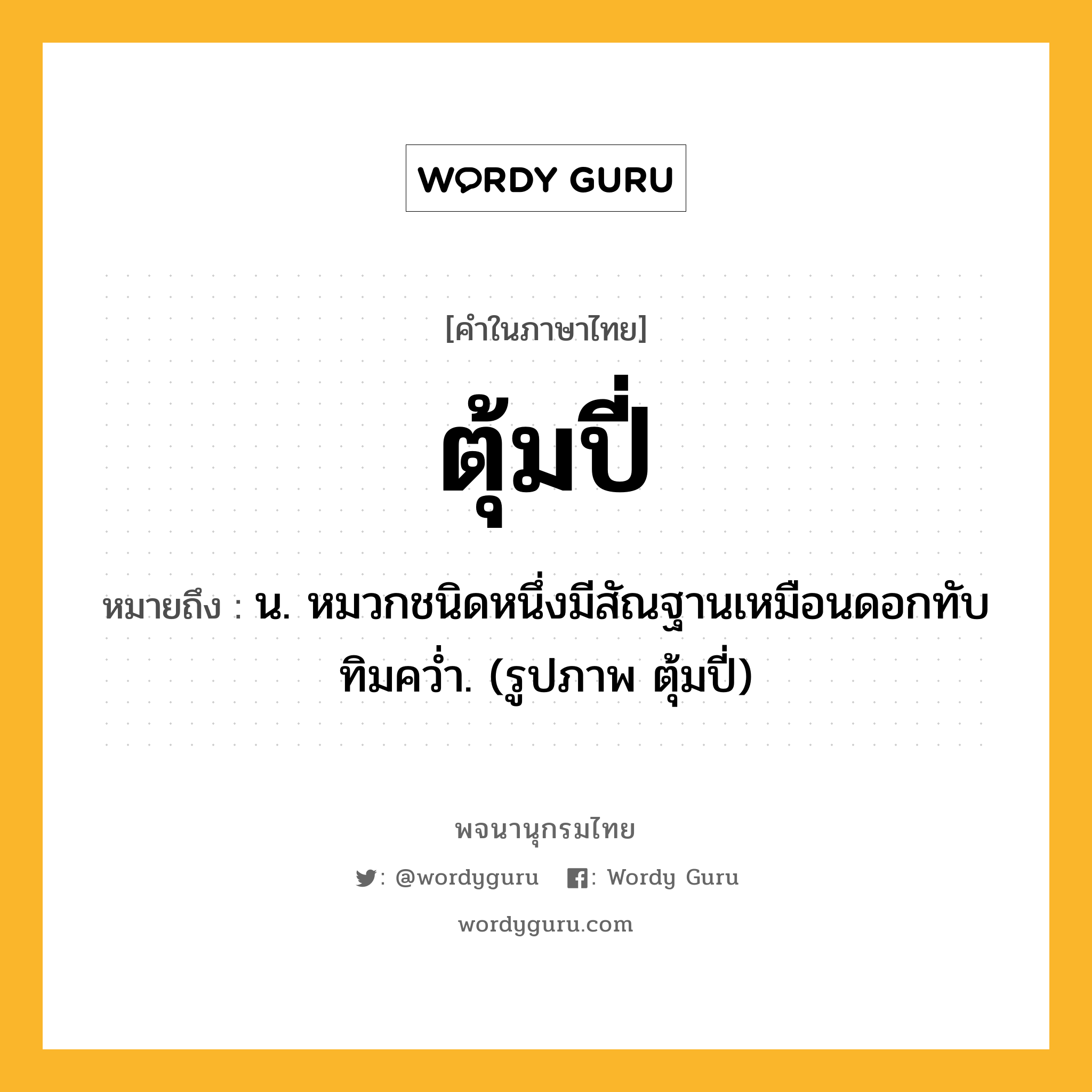 ตุ้มปี่ หมายถึงอะไร?, คำในภาษาไทย ตุ้มปี่ หมายถึง น. หมวกชนิดหนึ่งมีสัณฐานเหมือนดอกทับทิมควํ่า. (รูปภาพ ตุ้มปี่)