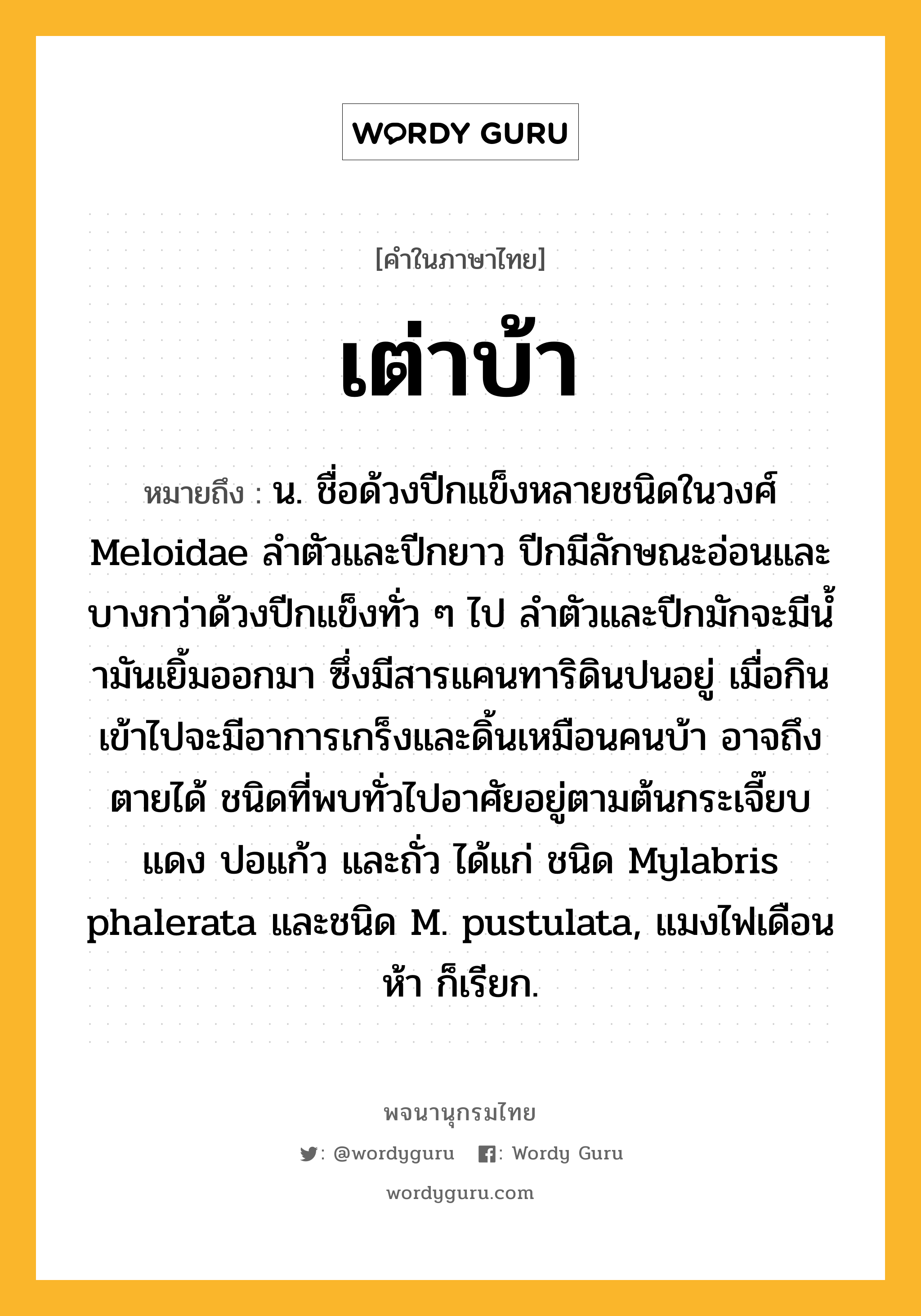 เต่าบ้า หมายถึงอะไร?, คำในภาษาไทย เต่าบ้า หมายถึง น. ชื่อด้วงปีกแข็งหลายชนิดในวงศ์ Meloidae ลําตัวและปีกยาว ปีกมีลักษณะอ่อนและบางกว่าด้วงปีกแข็งทั่ว ๆ ไป ลําตัวและปีกมักจะมีนํ้ามันเยิ้มออกมา ซึ่งมีสารแคนทาริดินปนอยู่ เมื่อกินเข้าไปจะมีอาการเกร็งและดิ้นเหมือนคนบ้า อาจถึงตายได้ ชนิดที่พบทั่วไปอาศัยอยู่ตามต้นกระเจี๊ยบแดง ปอแก้ว และถั่ว ได้แก่ ชนิด Mylabris phalerata และชนิด M. pustulata, แมงไฟเดือนห้า ก็เรียก.