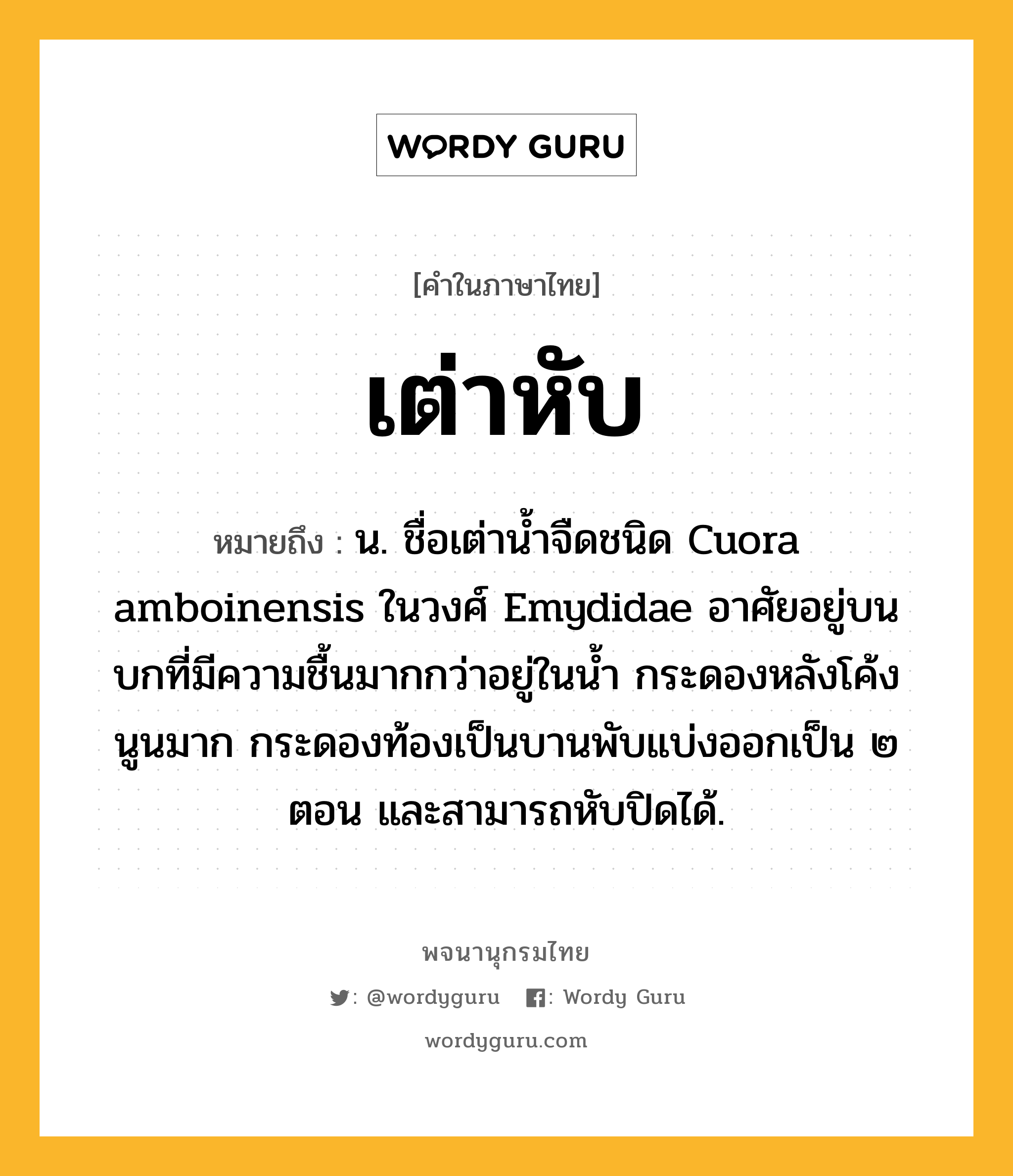 เต่าหับ หมายถึงอะไร?, คำในภาษาไทย เต่าหับ หมายถึง น. ชื่อเต่านํ้าจืดชนิด Cuora amboinensis ในวงศ์ Emydidae อาศัยอยู่บนบกที่มีความชื้นมากกว่าอยู่ในนํ้า กระดองหลังโค้งนูนมาก กระดองท้องเป็นบานพับแบ่งออกเป็น ๒ ตอน และสามารถหับปิดได้.