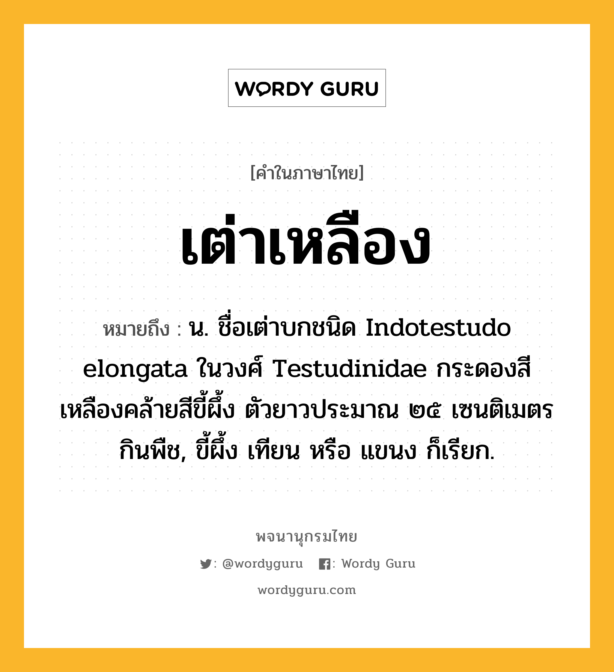 เต่าเหลือง หมายถึงอะไร?, คำในภาษาไทย เต่าเหลือง หมายถึง น. ชื่อเต่าบกชนิด Indotestudo elongata ในวงศ์ Testudinidae กระดองสีเหลืองคล้ายสีขี้ผึ้ง ตัวยาวประมาณ ๒๕ เซนติเมตร กินพืช, ขี้ผึ้ง เทียน หรือ แขนง ก็เรียก.