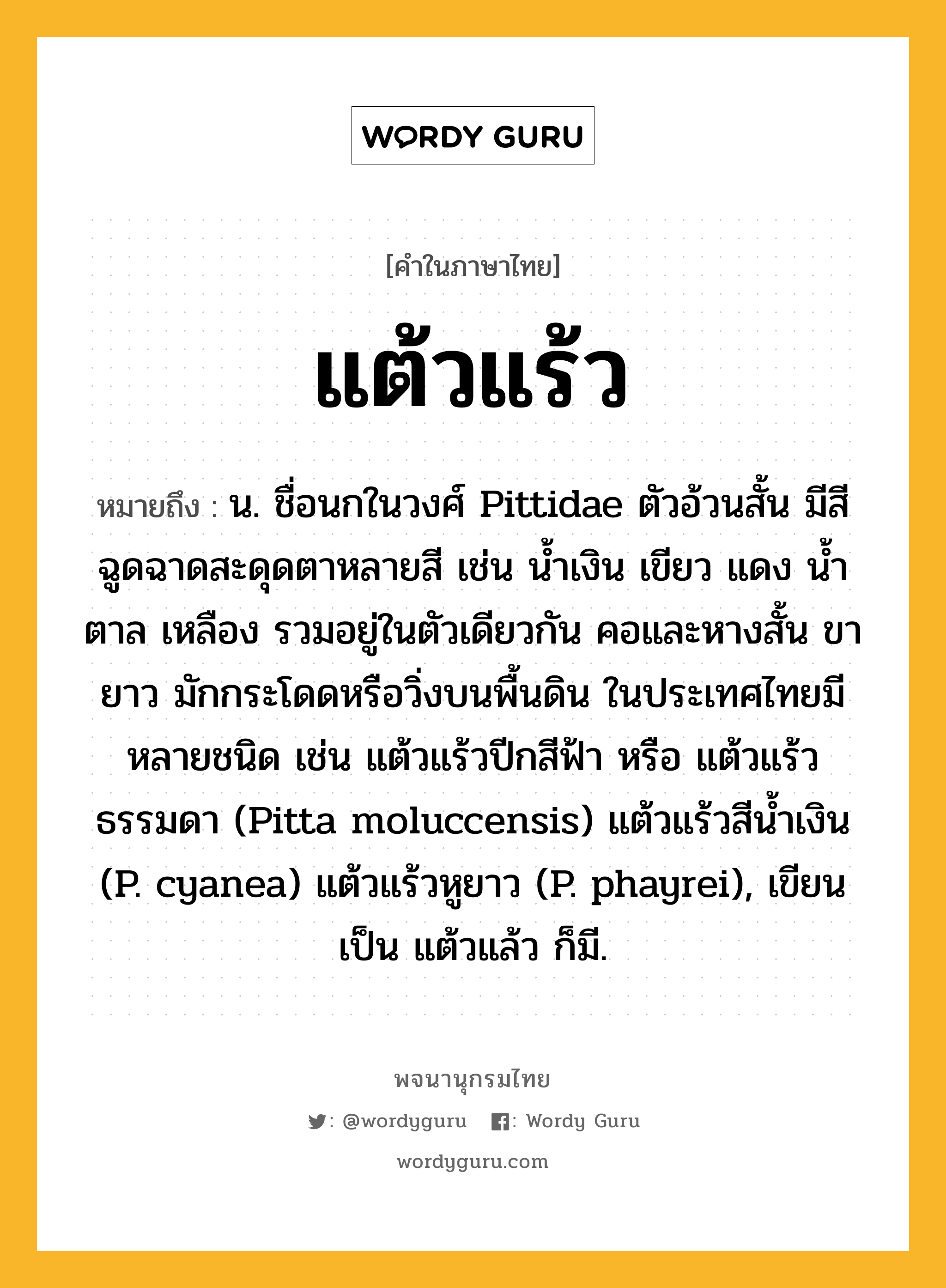 แต้วแร้ว หมายถึงอะไร?, คำในภาษาไทย แต้วแร้ว หมายถึง น. ชื่อนกในวงศ์ Pittidae ตัวอ้วนสั้น มีสีฉูดฉาดสะดุดตาหลายสี เช่น นํ้าเงิน เขียว แดง นํ้าตาล เหลือง รวมอยู่ในตัวเดียวกัน คอและหางสั้น ขายาว มักกระโดดหรือวิ่งบนพื้นดิน ในประเทศไทยมีหลายชนิด เช่น แต้วแร้วปีกสีฟ้า หรือ แต้วแร้วธรรมดา (Pitta moluccensis) แต้วแร้วสีนํ้าเงิน (P. cyanea) แต้วแร้วหูยาว (P. phayrei), เขียนเป็น แต้วแล้ว ก็มี.