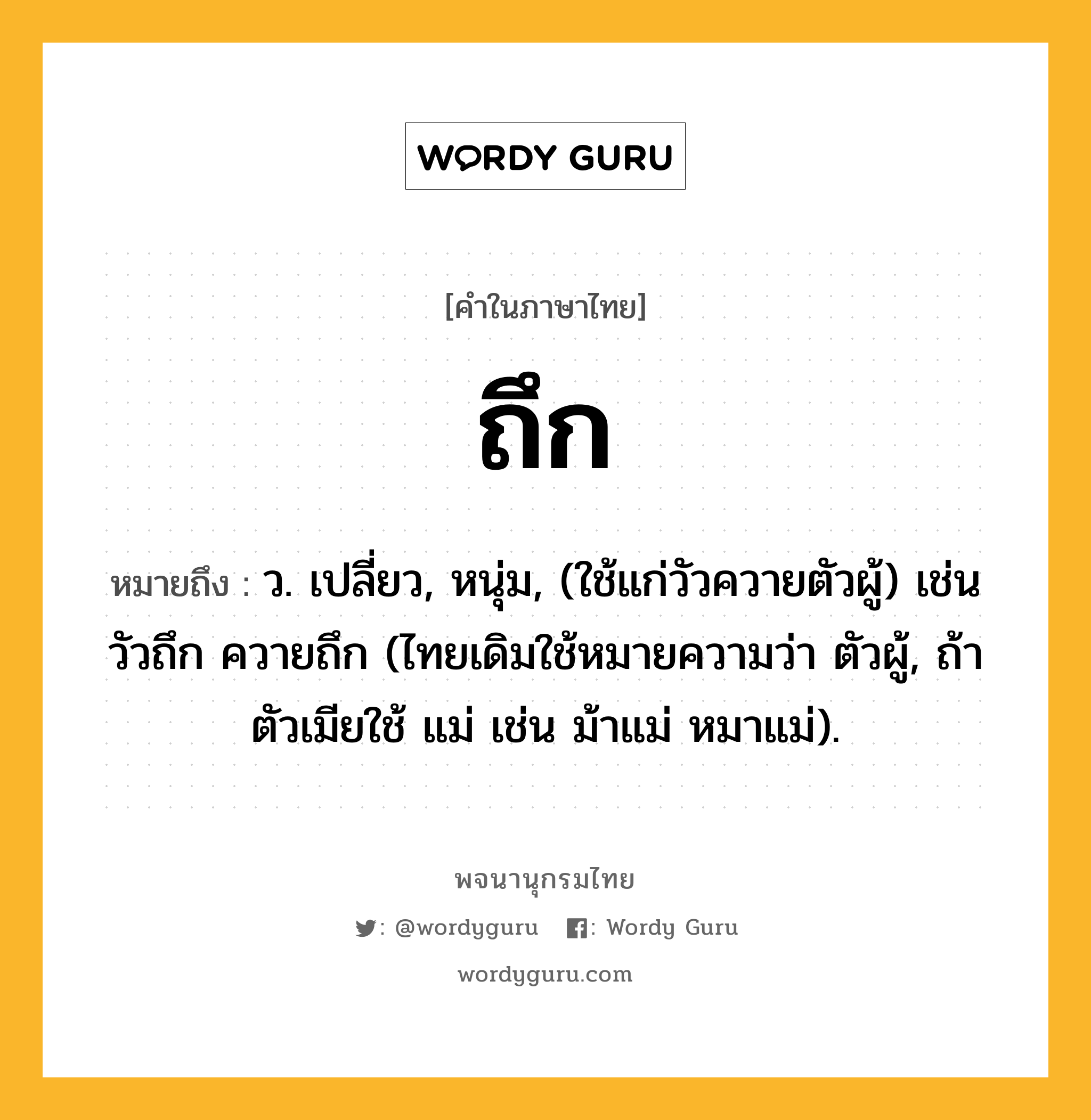 ถึก หมายถึงอะไร?, คำในภาษาไทย ถึก หมายถึง ว. เปลี่ยว, หนุ่ม, (ใช้แก่วัวควายตัวผู้) เช่น วัวถึก ควายถึก (ไทยเดิมใช้หมายความว่า ตัวผู้, ถ้าตัวเมียใช้ แม่ เช่น ม้าแม่ หมาแม่).