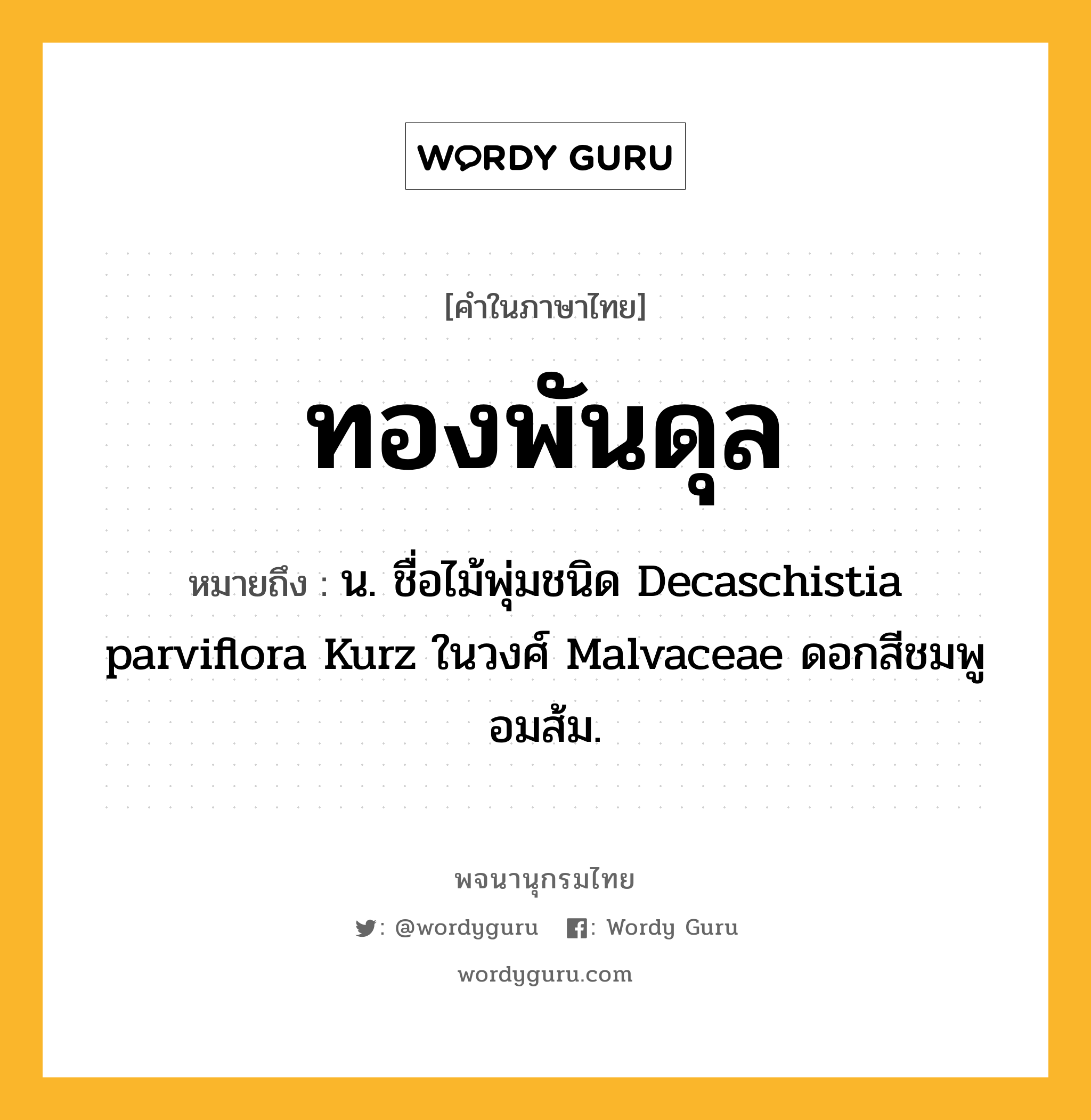 ทองพันดุล ความหมาย หมายถึงอะไร?, คำในภาษาไทย ทองพันดุล หมายถึง น. ชื่อไม้พุ่มชนิด Decaschistia parviflora Kurz ในวงศ์ Malvaceae ดอกสีชมพูอมส้ม.