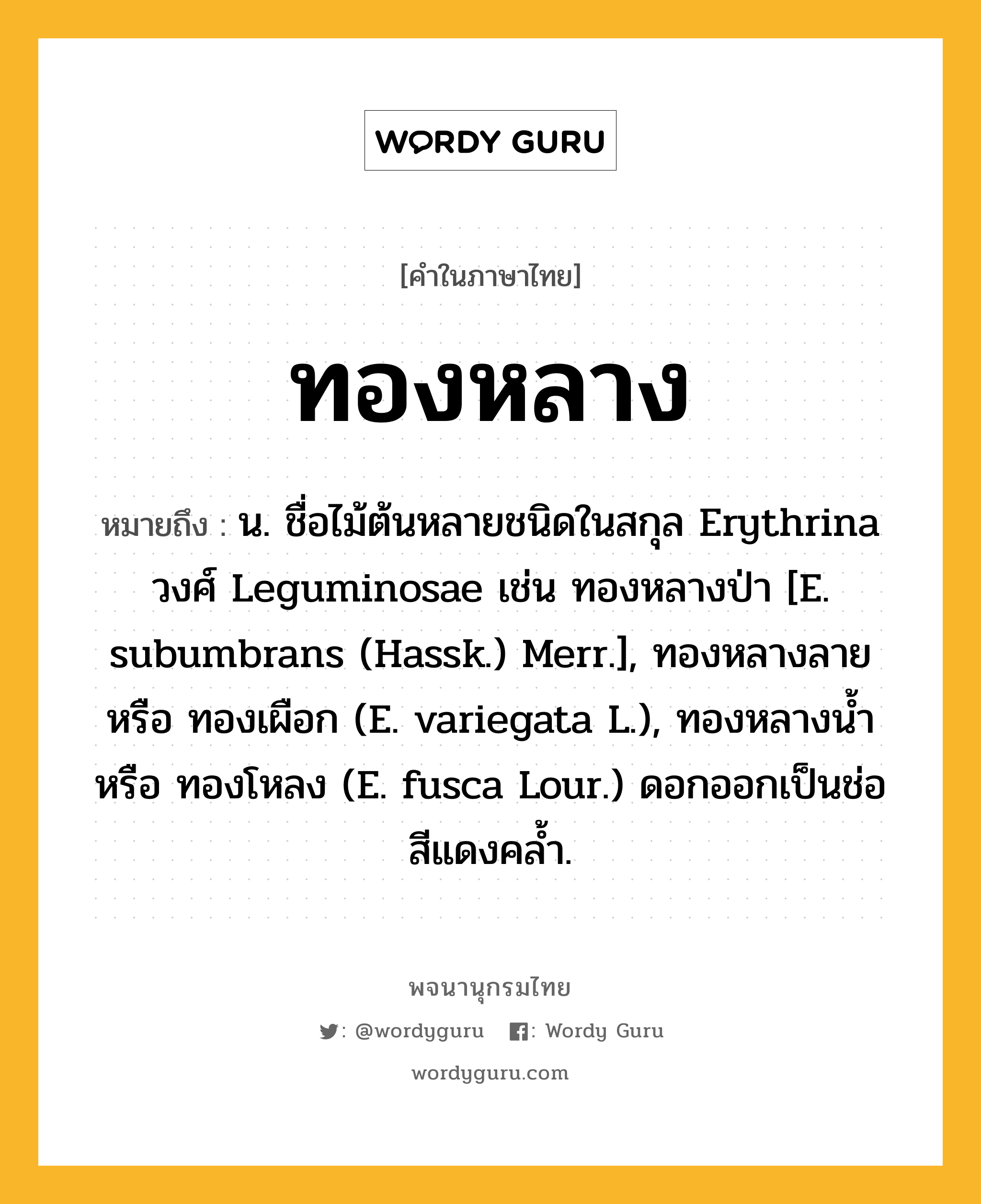 ทองหลาง หมายถึงอะไร?, คำในภาษาไทย ทองหลาง หมายถึง น. ชื่อไม้ต้นหลายชนิดในสกุล Erythrina วงศ์ Leguminosae เช่น ทองหลางป่า [E. subumbrans (Hassk.) Merr.], ทองหลางลาย หรือ ทองเผือก (E. variegata L.), ทองหลางนํ้า หรือ ทองโหลง (E. fusca Lour.) ดอกออกเป็นช่อสีแดงคล้ำ.