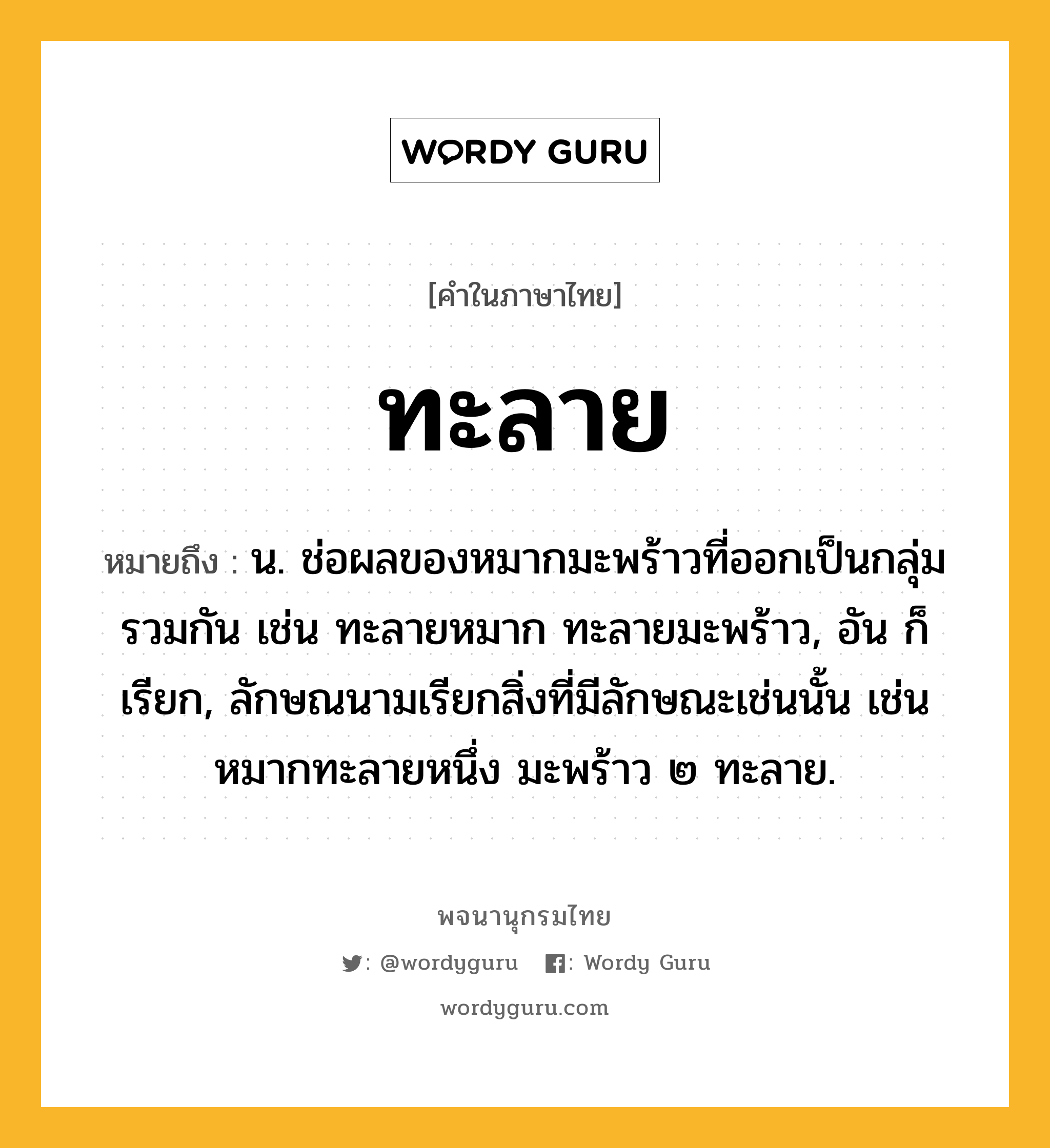 ทะลาย หมายถึงอะไร?, คำในภาษาไทย ทะลาย หมายถึง น. ช่อผลของหมากมะพร้าวที่ออกเป็นกลุ่มรวมกัน เช่น ทะลายหมาก ทะลายมะพร้าว, อัน ก็เรียก, ลักษณนามเรียกสิ่งที่มีลักษณะเช่นนั้น เช่น หมากทะลายหนึ่ง มะพร้าว ๒ ทะลาย.