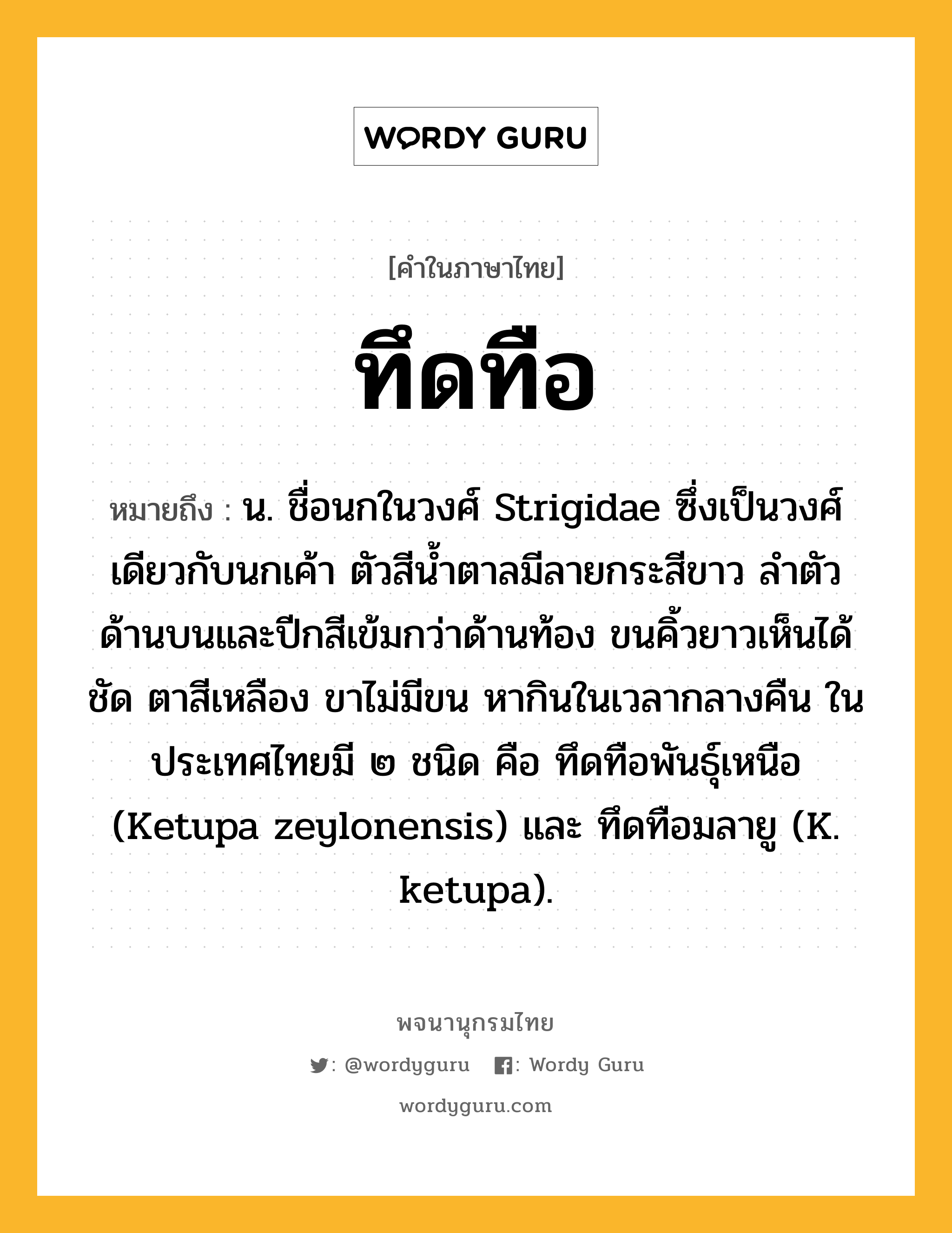 ทึดทือ ความหมาย หมายถึงอะไร?, คำในภาษาไทย ทึดทือ หมายถึง น. ชื่อนกในวงศ์ Strigidae ซึ่งเป็นวงศ์เดียวกับนกเค้า ตัวสีนํ้าตาลมีลายกระสีขาว ลําตัวด้านบนและปีกสีเข้มกว่าด้านท้อง ขนคิ้วยาวเห็นได้ชัด ตาสีเหลือง ขาไม่มีขน หากินในเวลากลางคืน ในประเทศไทยมี ๒ ชนิด คือ ทึดทือพันธุ์เหนือ (Ketupa zeylonensis) และ ทึดทือมลายู (K. ketupa).