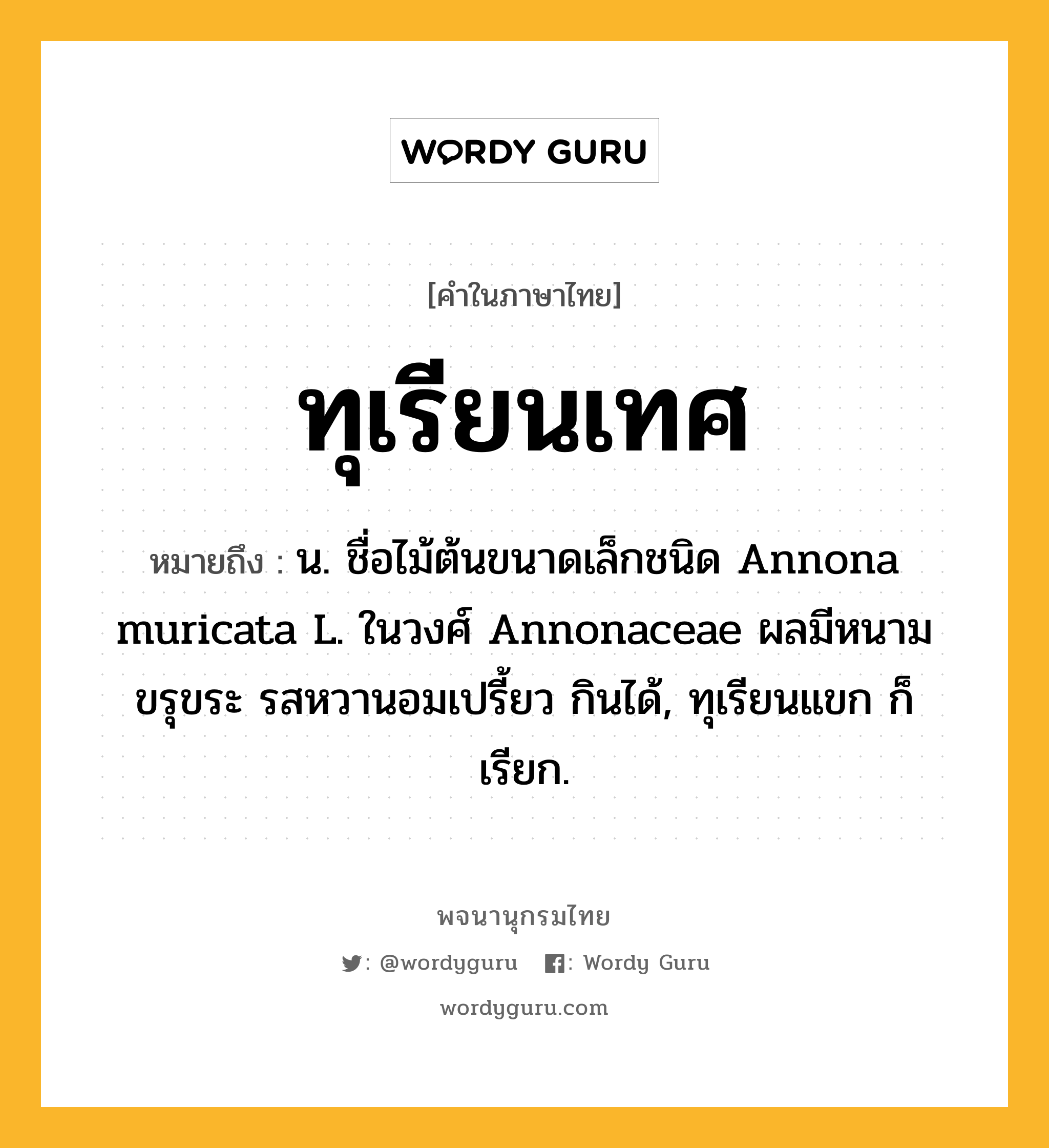 ทุเรียนเทศ หมายถึงอะไร?, คำในภาษาไทย ทุเรียนเทศ หมายถึง น. ชื่อไม้ต้นขนาดเล็กชนิด Annona muricata L. ในวงศ์ Annonaceae ผลมีหนามขรุขระ รสหวานอมเปรี้ยว กินได้, ทุเรียนแขก ก็เรียก.