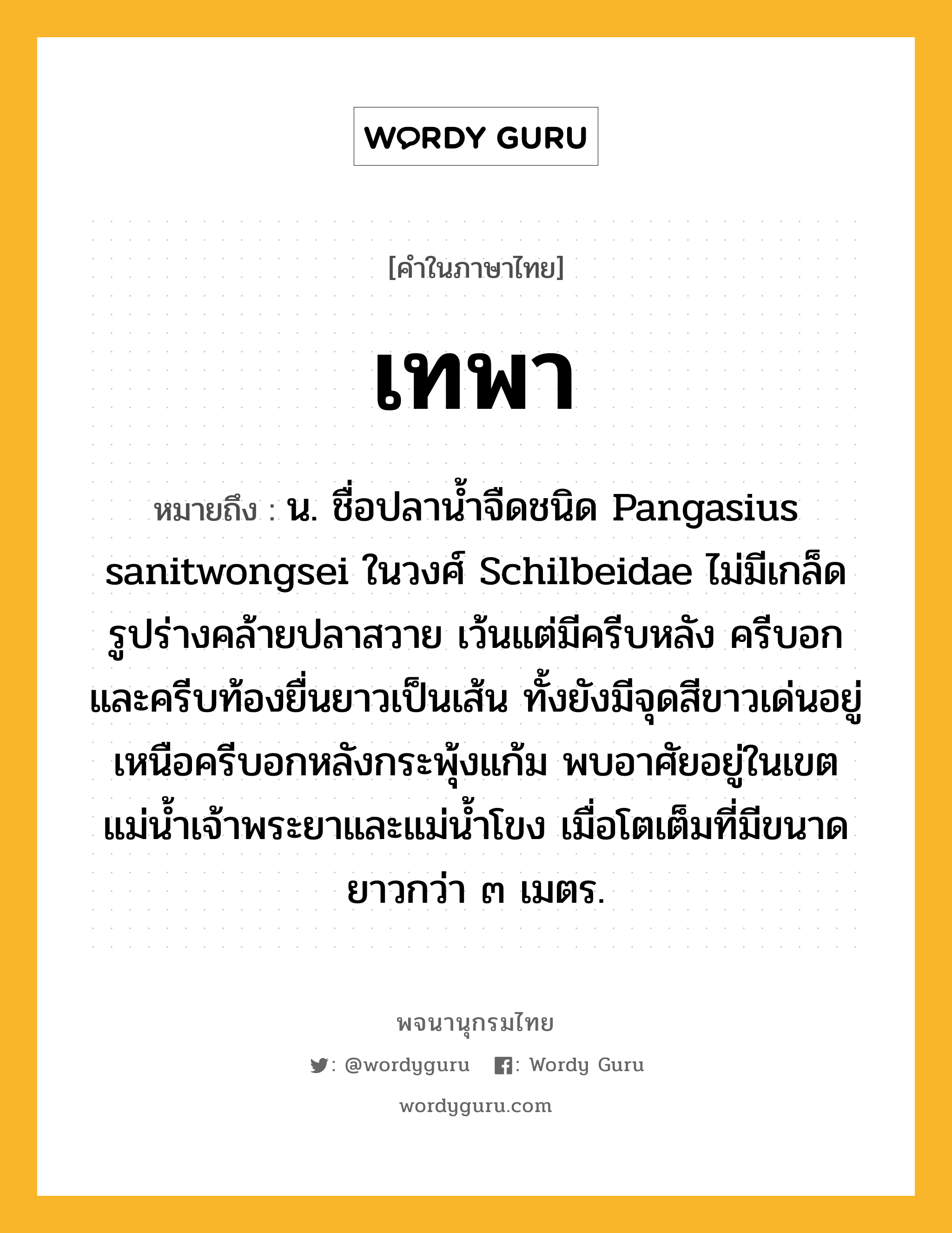 เทพา ความหมาย หมายถึงอะไร?, คำในภาษาไทย เทพา หมายถึง น. ชื่อปลานํ้าจืดชนิด Pangasius sanitwongsei ในวงศ์ Schilbeidae ไม่มีเกล็ด รูปร่างคล้ายปลาสวาย เว้นแต่มีครีบหลัง ครีบอก และครีบท้องยื่นยาวเป็นเส้น ทั้งยังมีจุดสีขาวเด่นอยู่เหนือครีบอกหลังกระพุ้งแก้ม พบอาศัยอยู่ในเขตแม่นํ้าเจ้าพระยาและแม่นํ้าโขง เมื่อโตเต็มที่มีขนาดยาวกว่า ๓ เมตร.