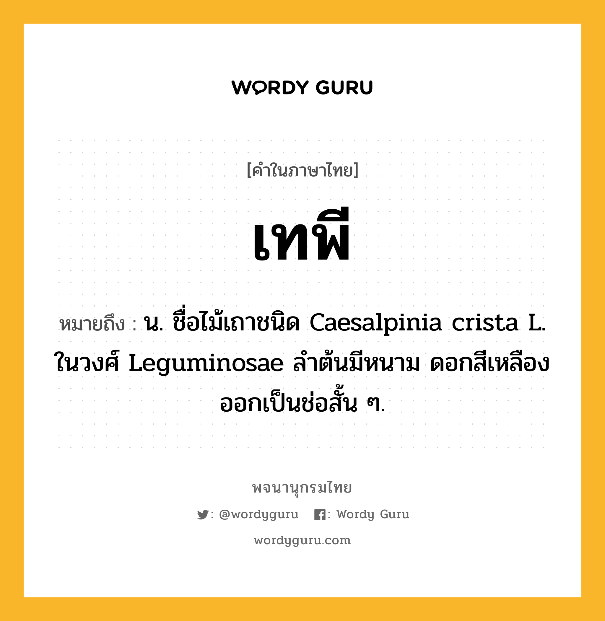 เทพี หมายถึงอะไร?, คำในภาษาไทย เทพี หมายถึง น. ชื่อไม้เถาชนิด Caesalpinia crista L. ในวงศ์ Leguminosae ลําต้นมีหนาม ดอกสีเหลืองออกเป็นช่อสั้น ๆ.