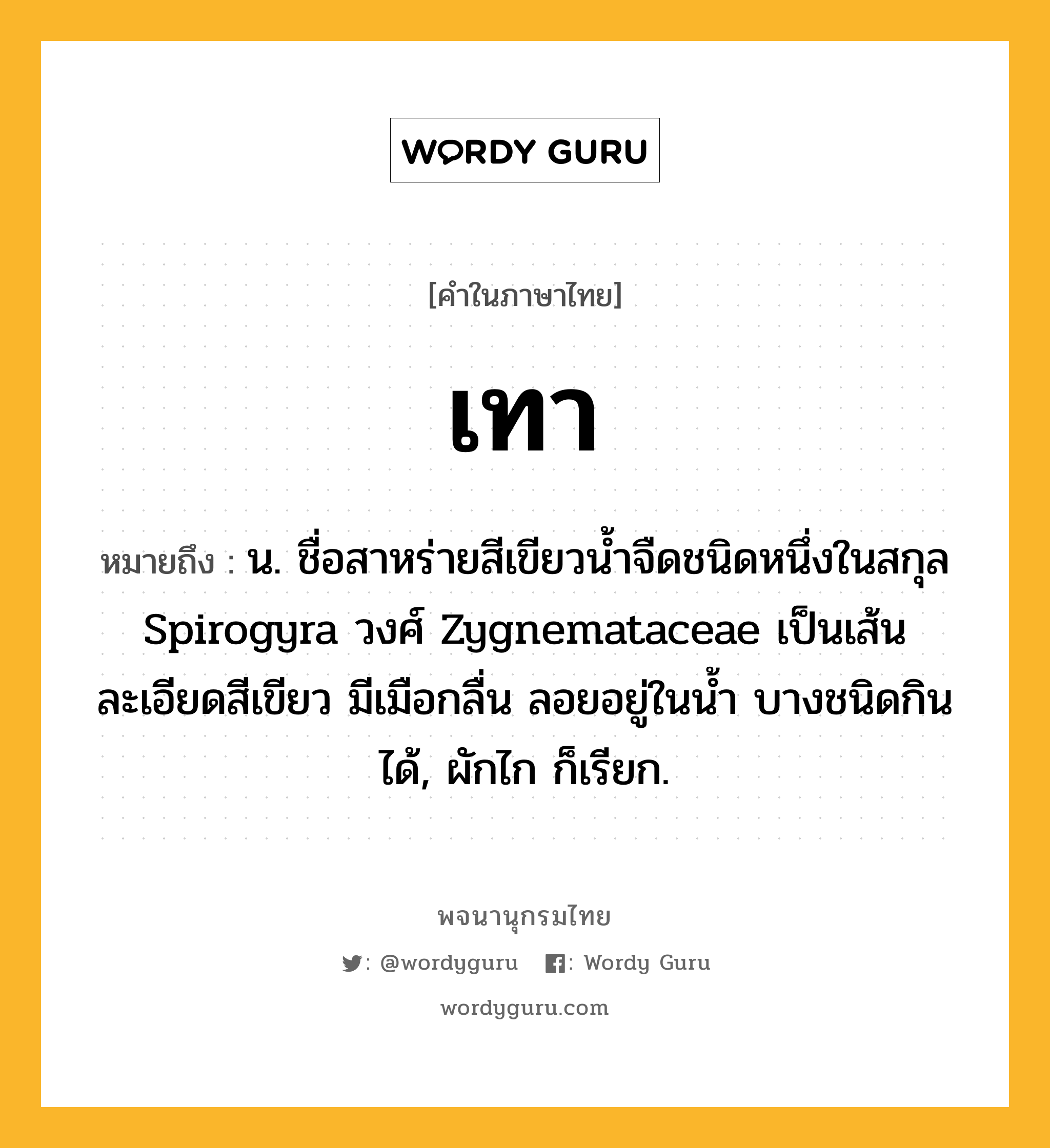 เทา หมายถึงอะไร?, คำในภาษาไทย เทา หมายถึง น. ชื่อสาหร่ายสีเขียวนํ้าจืดชนิดหนึ่งในสกุล Spirogyra วงศ์ Zygnemataceae เป็นเส้นละเอียดสีเขียว มีเมือกลื่น ลอยอยู่ในนํ้า บางชนิดกินได้, ผักไก ก็เรียก.