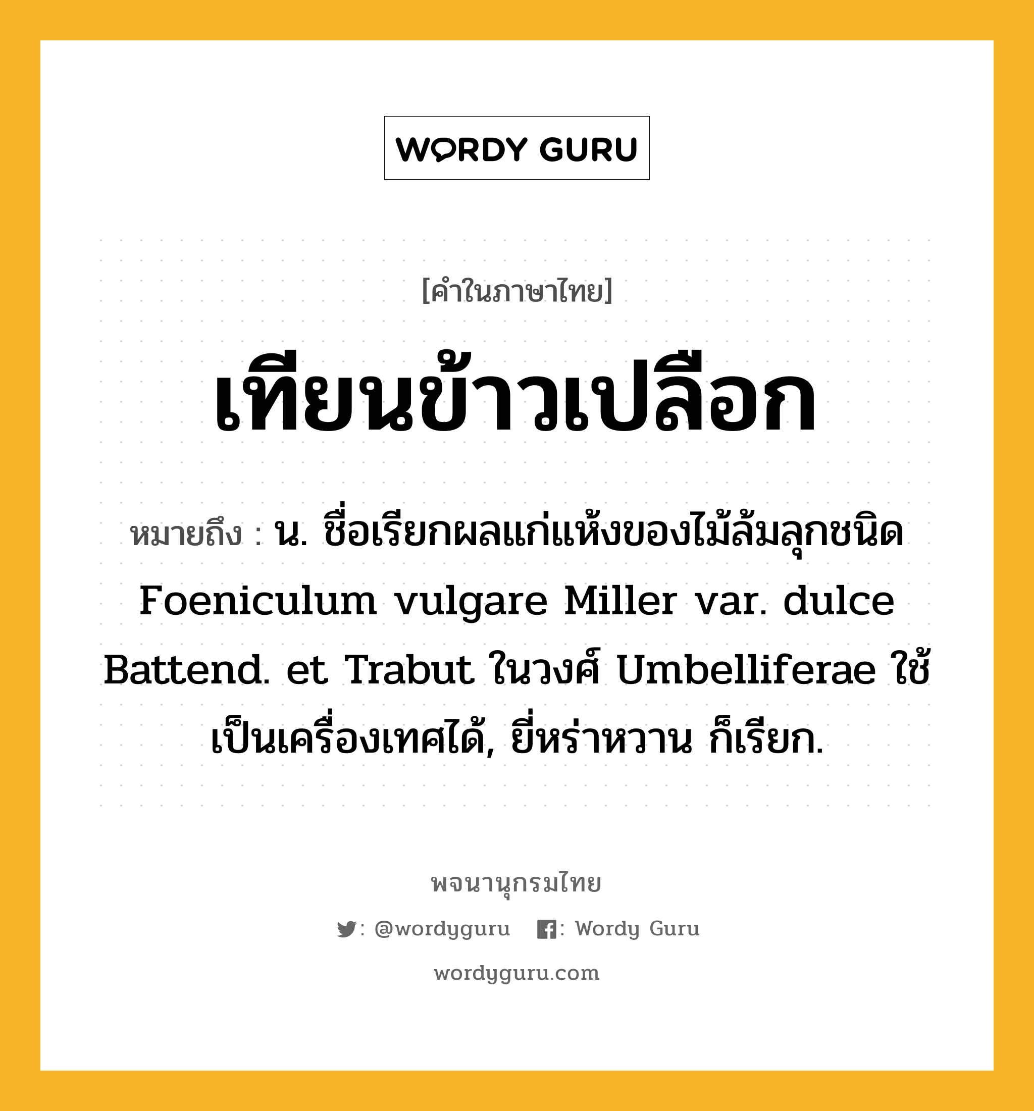 เทียนข้าวเปลือก หมายถึงอะไร?, คำในภาษาไทย เทียนข้าวเปลือก หมายถึง น. ชื่อเรียกผลแก่แห้งของไม้ล้มลุกชนิด Foeniculum vulgare Miller var. dulce Battend. et Trabut ในวงศ์ Umbelliferae ใช้เป็นเครื่องเทศได้, ยี่หร่าหวาน ก็เรียก.