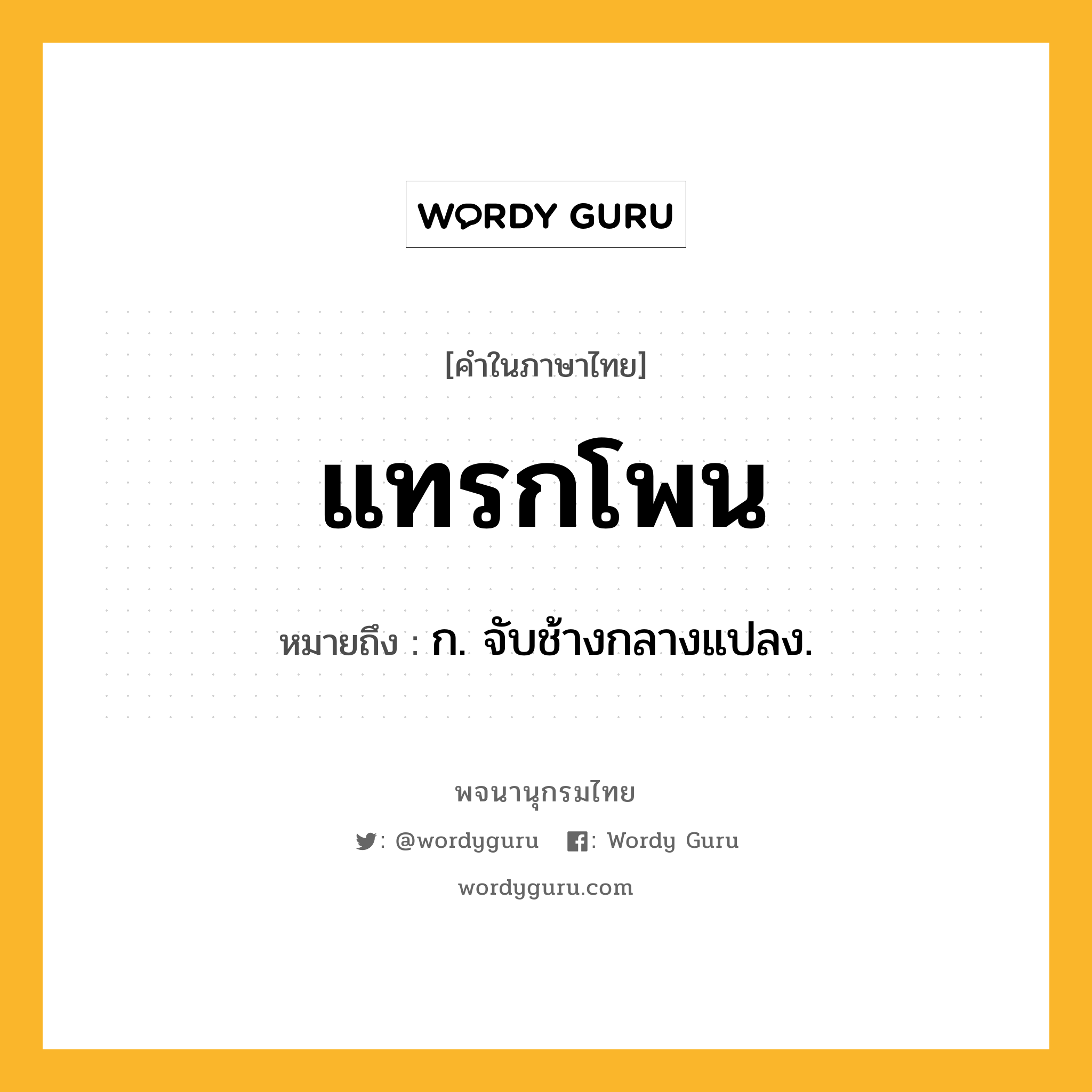 แทรกโพน หมายถึงอะไร?, คำในภาษาไทย แทรกโพน หมายถึง ก. จับช้างกลางแปลง.